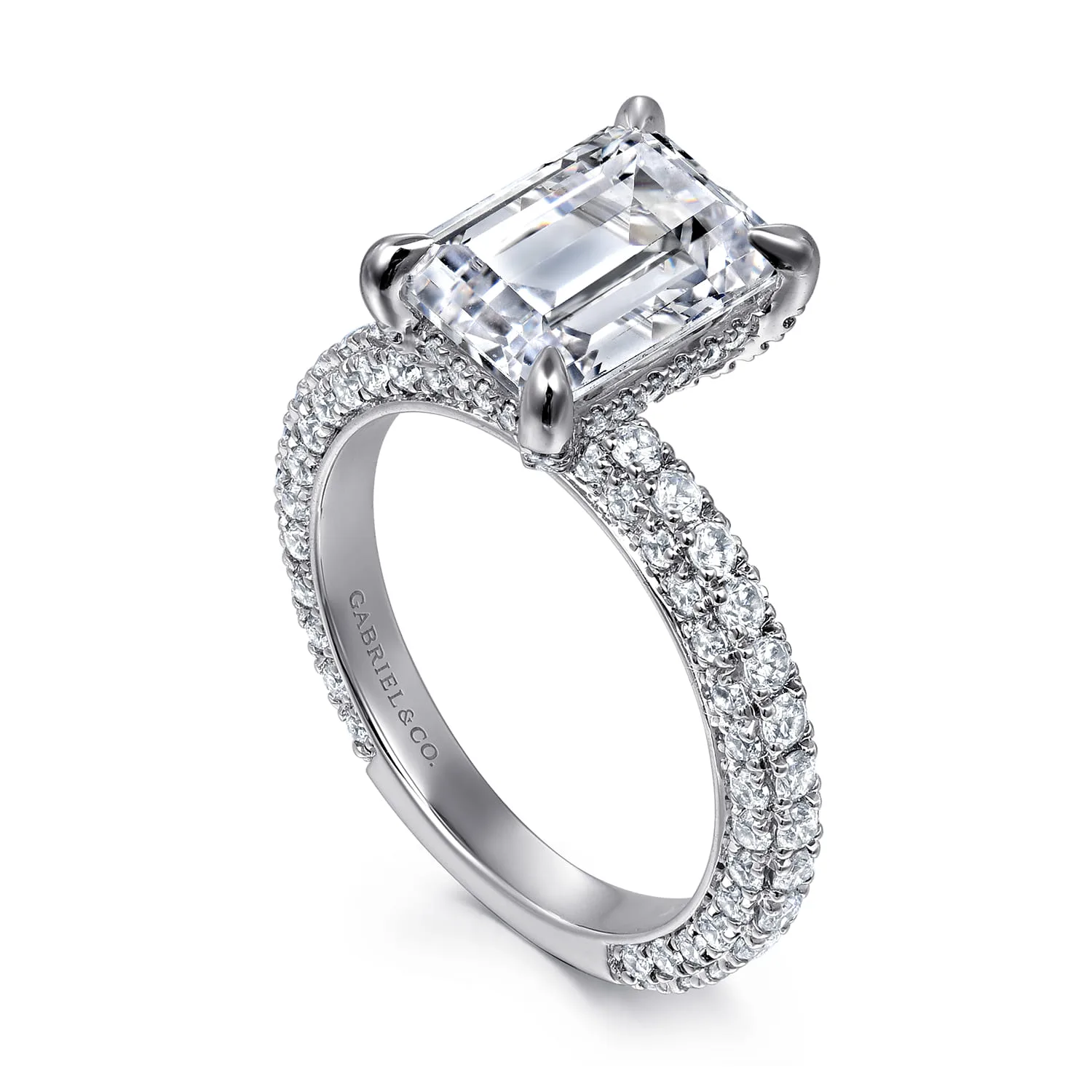 Emerald Hidden Halo Diamond Engagement Ring in 14K White Gold, photograph 3