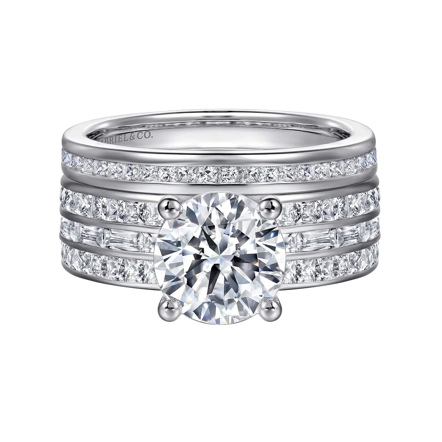Round Wide Band Diamond Engagement Ring in 14K White Gold, photograph 4