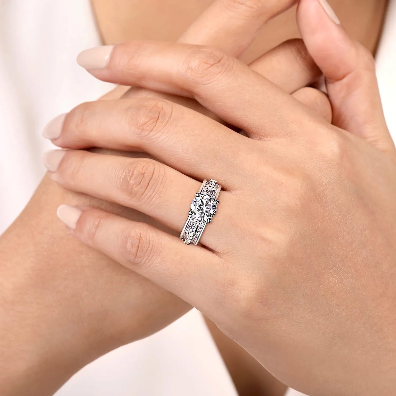 Round Wide Band Diamond Engagement Ring in 14K White Gold, photograph 6