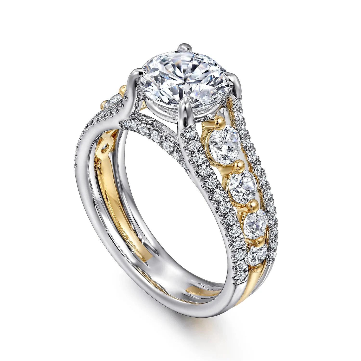 Round Wide Band Diamond Engagement Ring in 14K White/Yellow Gold, photograph 3