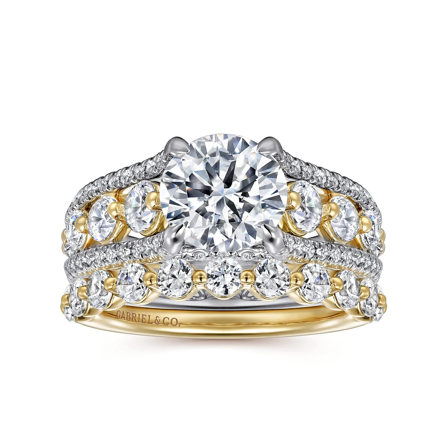 Round Wide Band Diamond Engagement Ring in 14K White/Yellow Gold, photograph 4