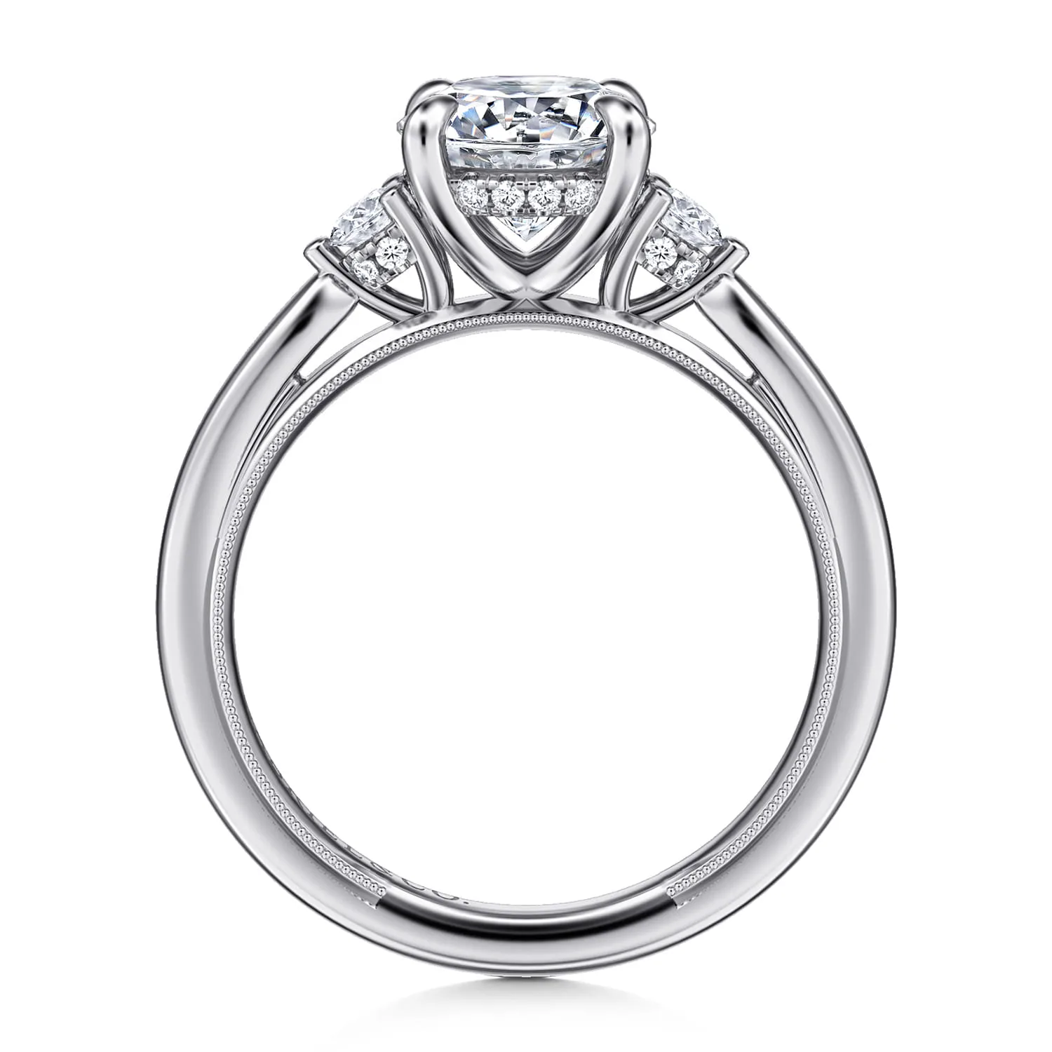 Round Three Stone Diamond Engagement Ring in 14K White Gold, photograph 2
