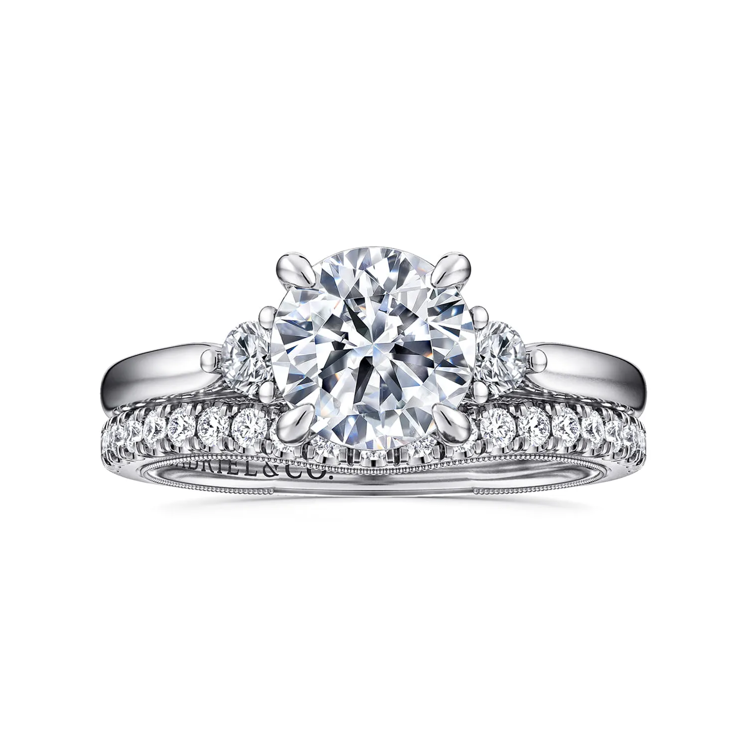 Round Three Stone Diamond Engagement Ring in 14K White Gold, photograph 4