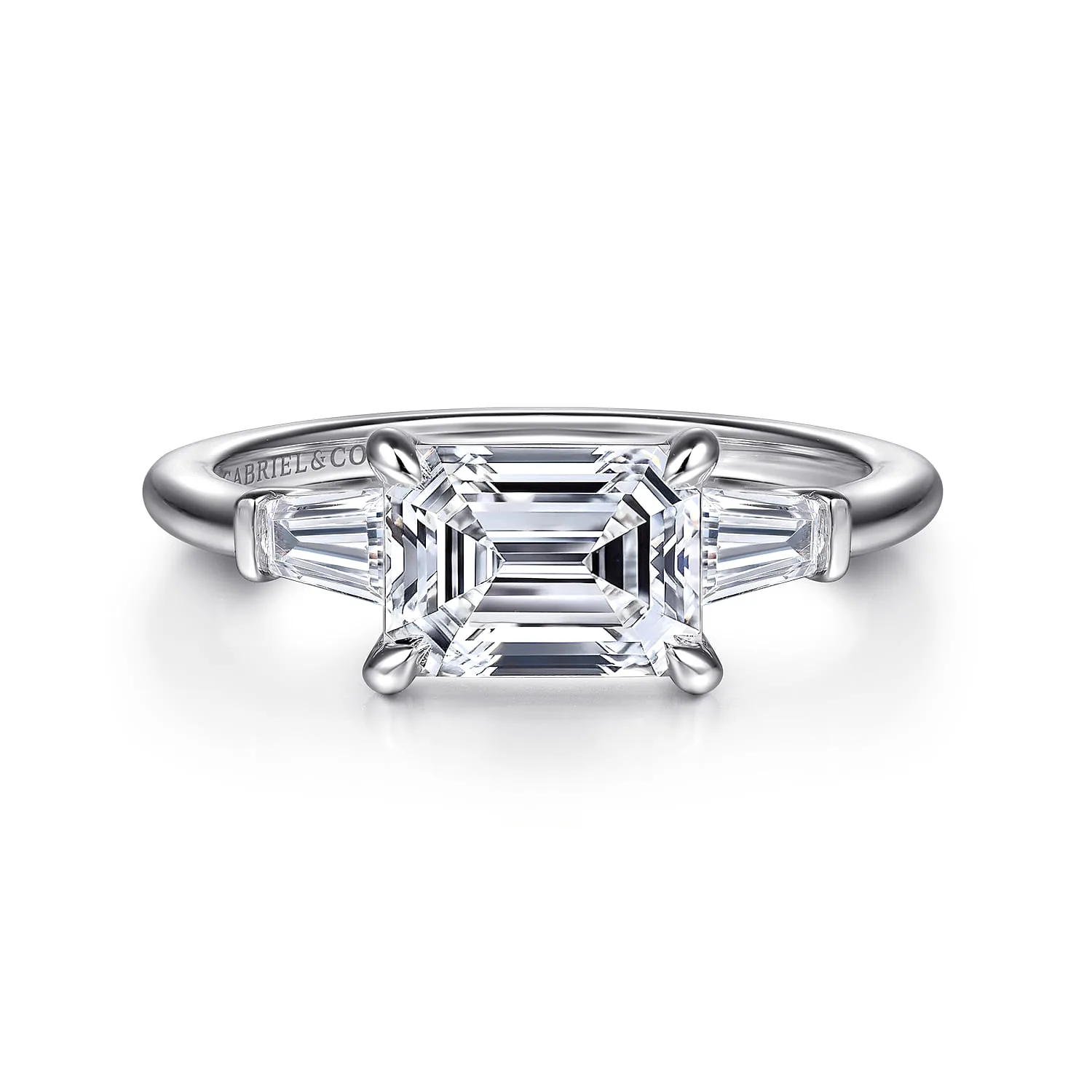 Emerald Three Stone Diamond Engagement Ring in 14K White Gold