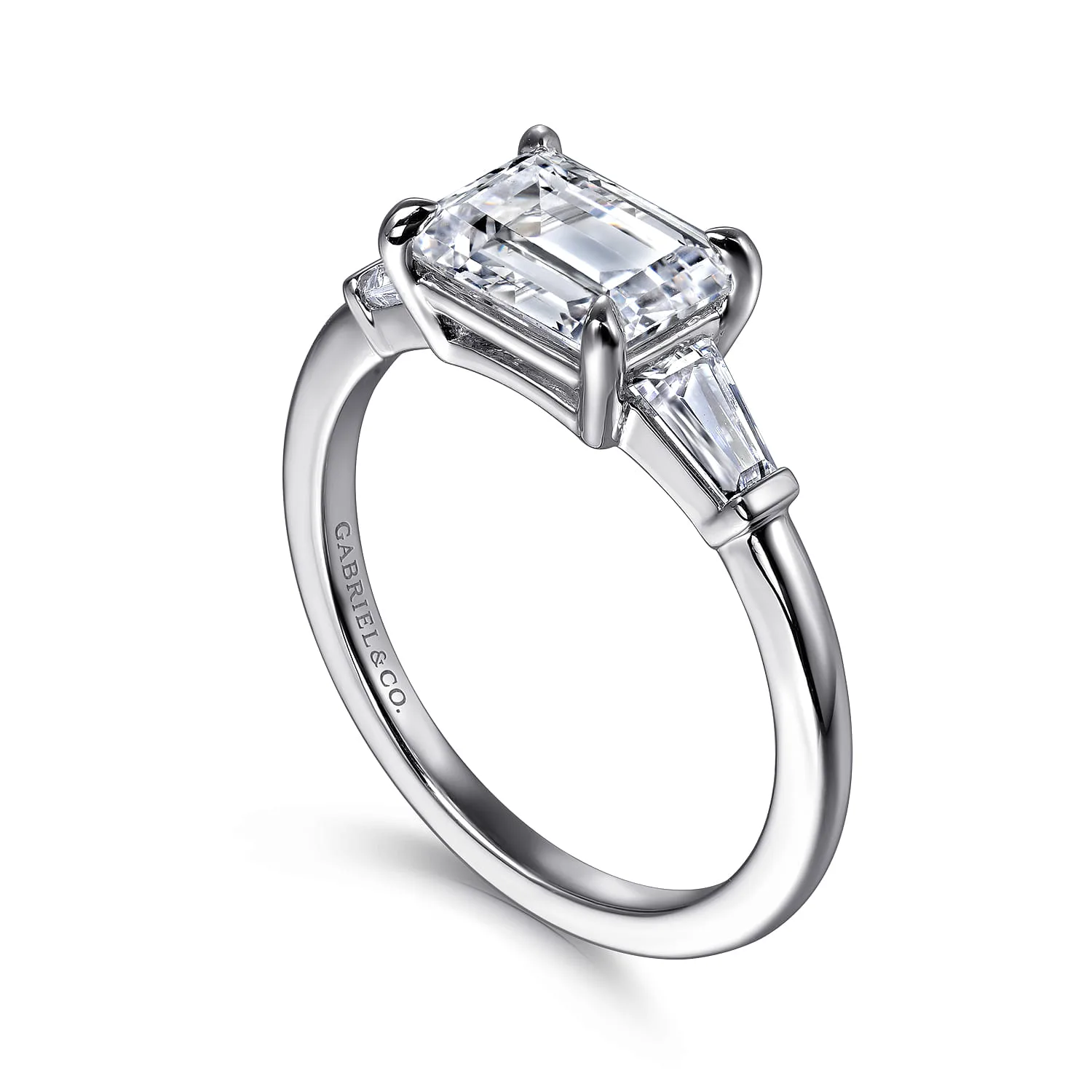 Emerald Three Stone Diamond Engagement Ring in 14K White Gold, photograph 3