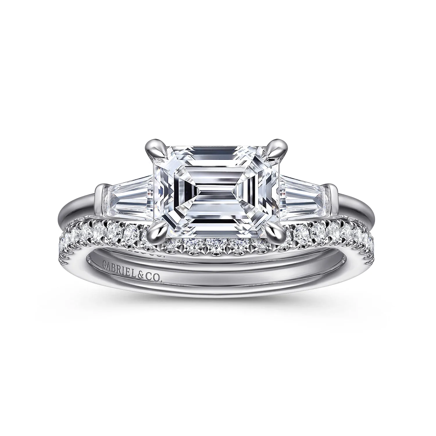 Emerald Three Stone Diamond Engagement Ring in 14K White Gold, photograph 4