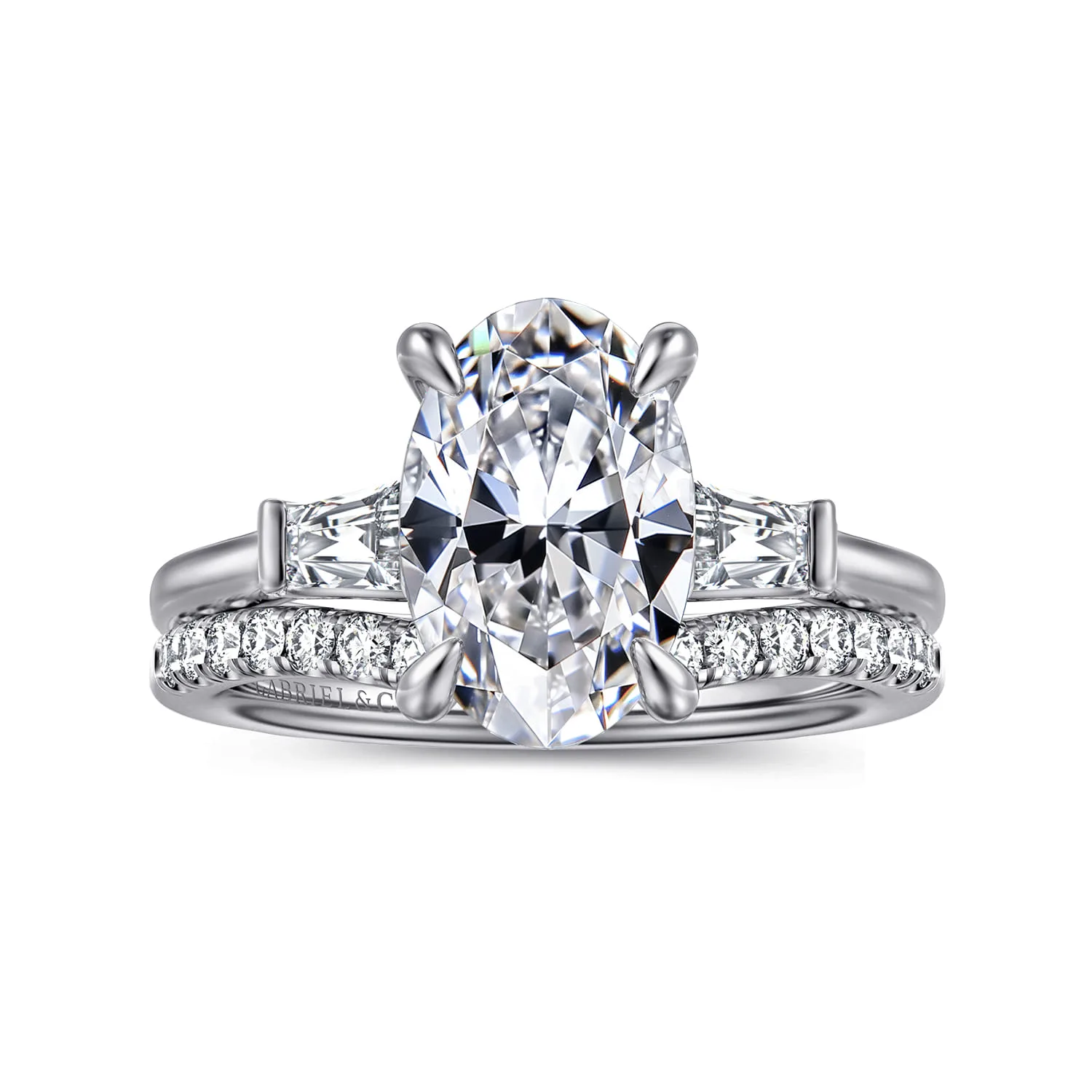 Oval Three Stone Lotus Diamond Engagement Ring in 14K White Gold, photograph 4