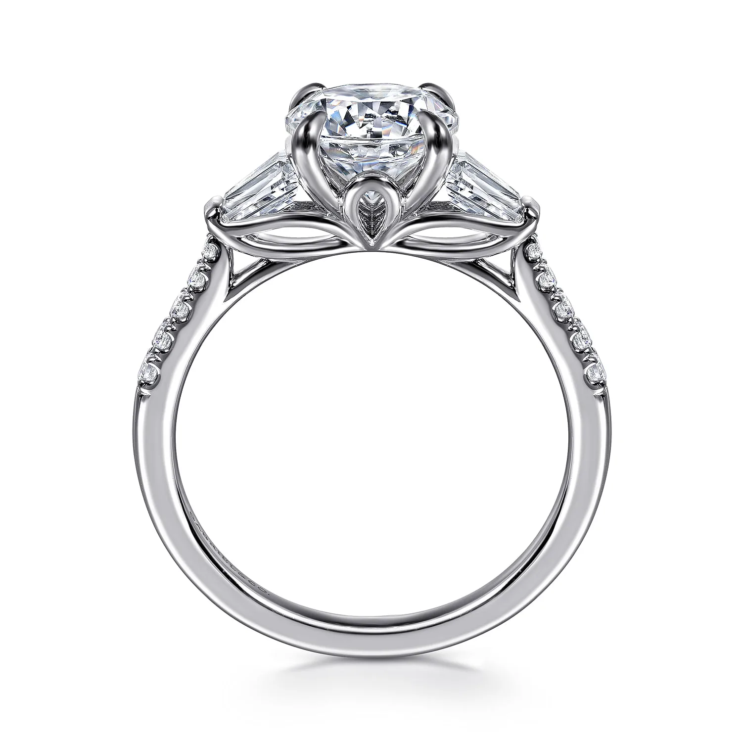 Round Three Stone Lotus Diamond Engagement Ring in 14K White Gold, photograph 2