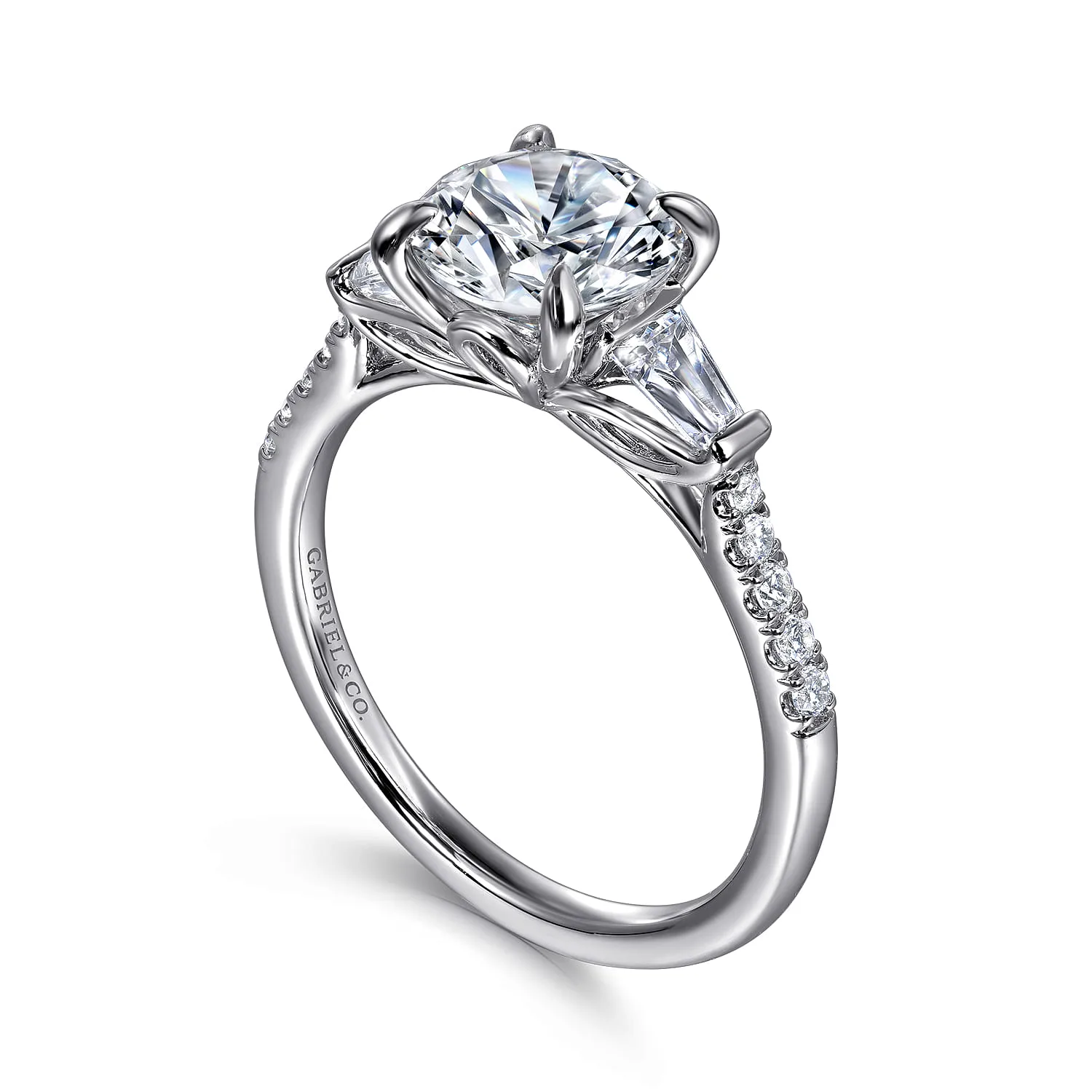 Round Three Stone Lotus Diamond Engagement Ring in 14K White Gold, photograph 3