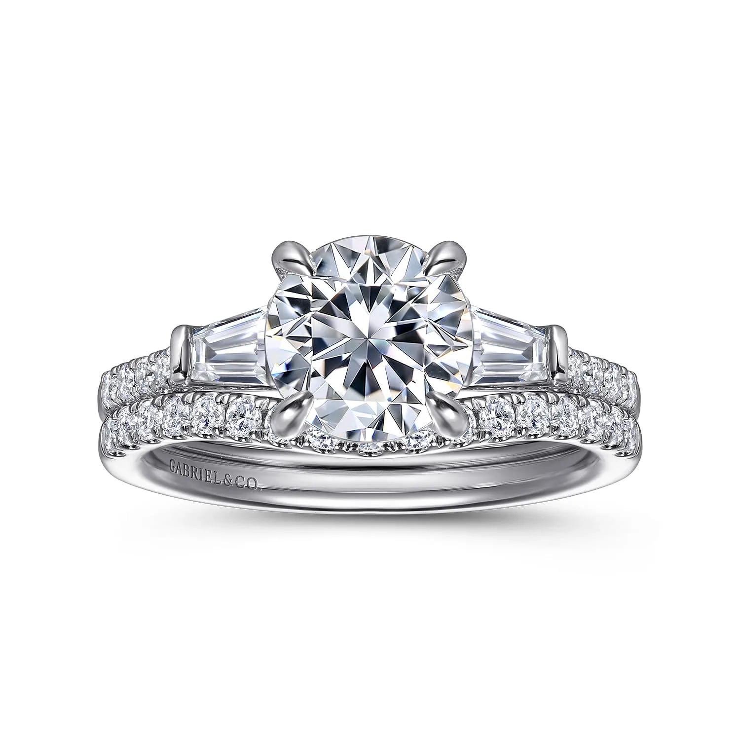 Round Three Stone Lotus Diamond Engagement Ring in 14K White Gold, photograph 4