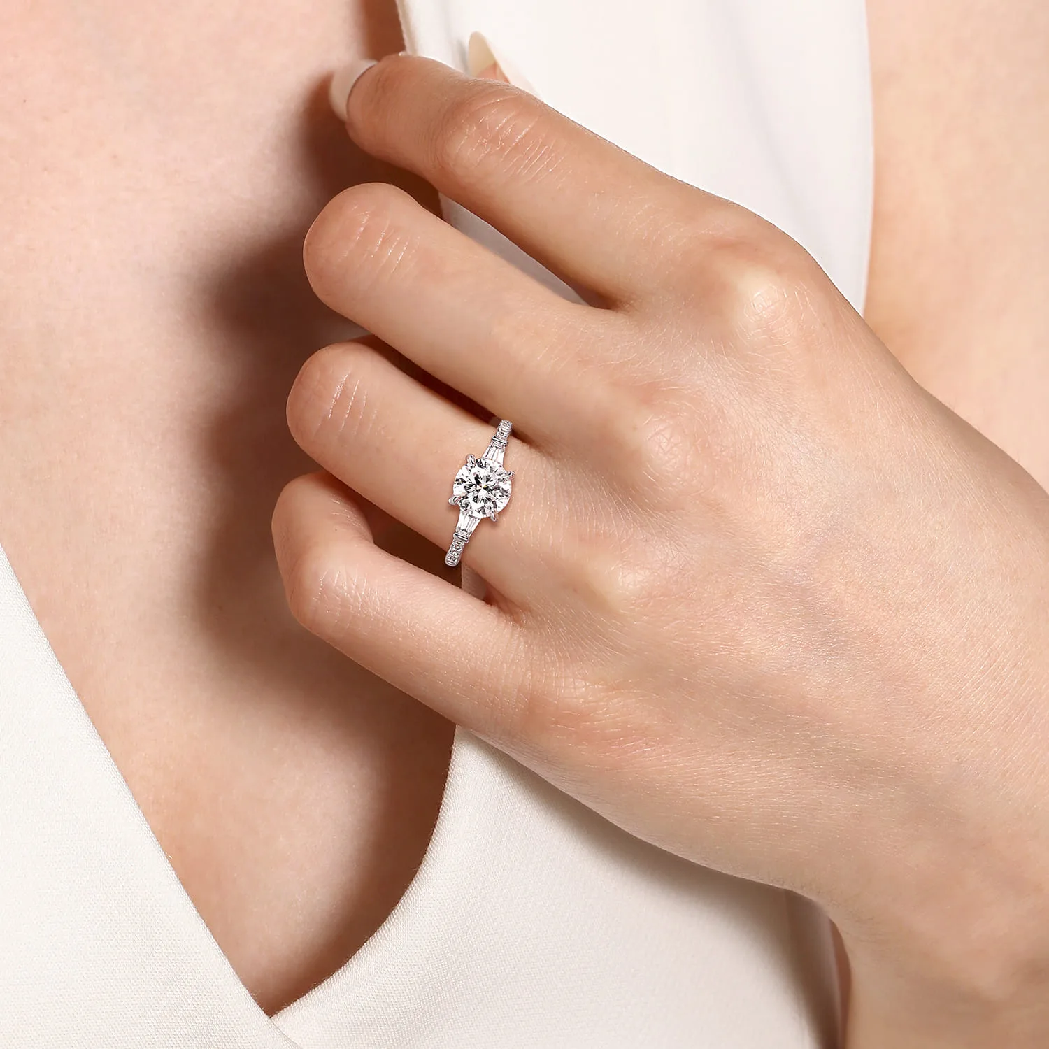 Round Three Stone Lotus Diamond Engagement Ring in 14K White Gold, photograph 6