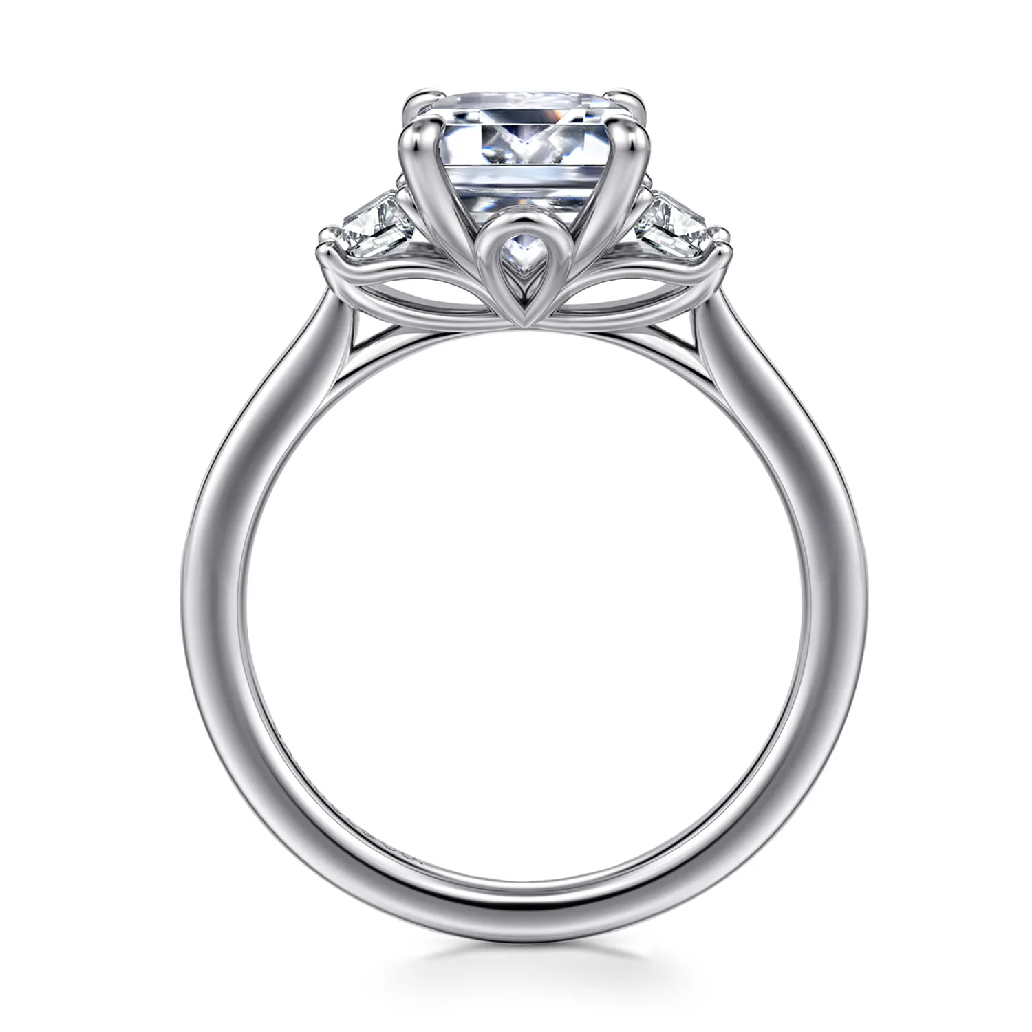 Emerald Three Stone Lotus Diamond Engagement Ring in 14K White Gold, photograph 2