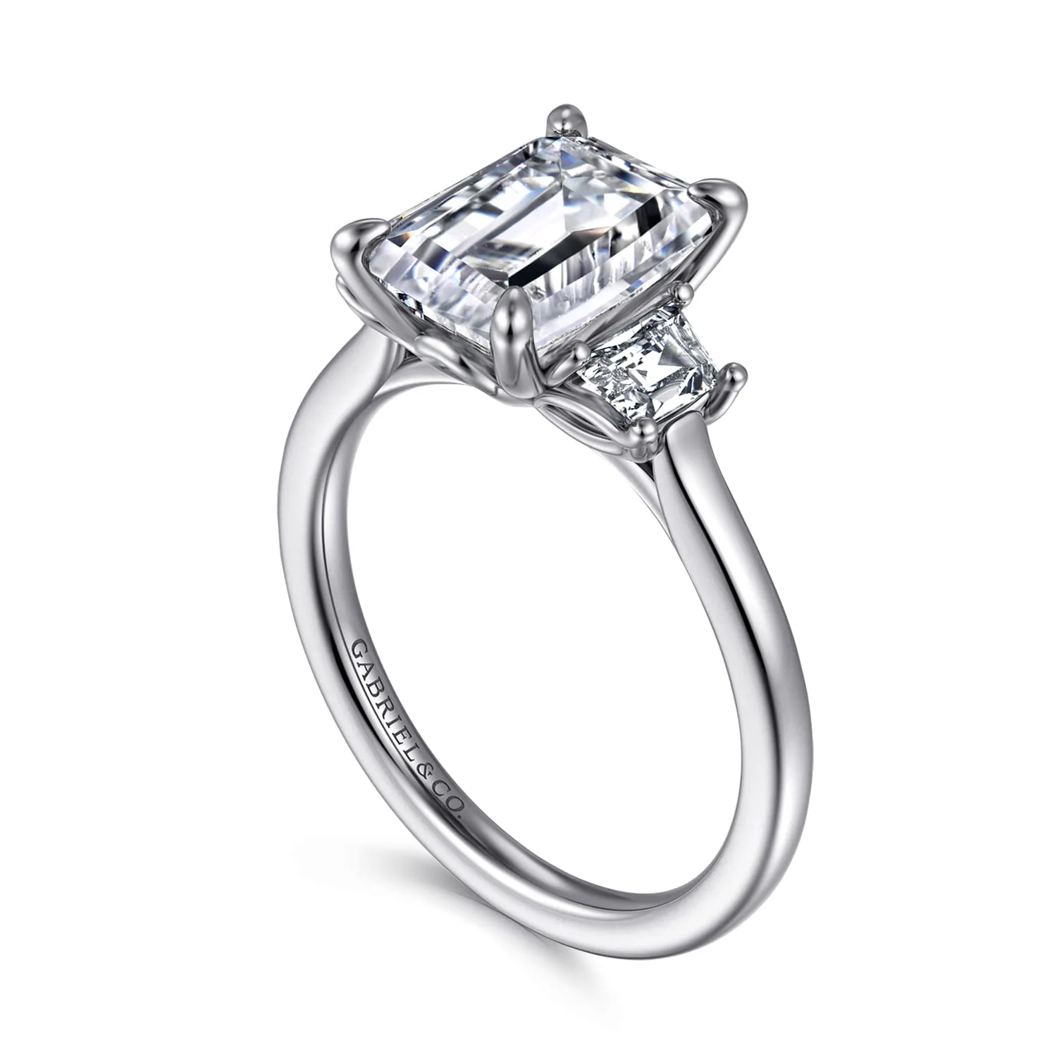 Emerald Three Stone Lotus Diamond Engagement Ring in 14K White Gold, photograph 3