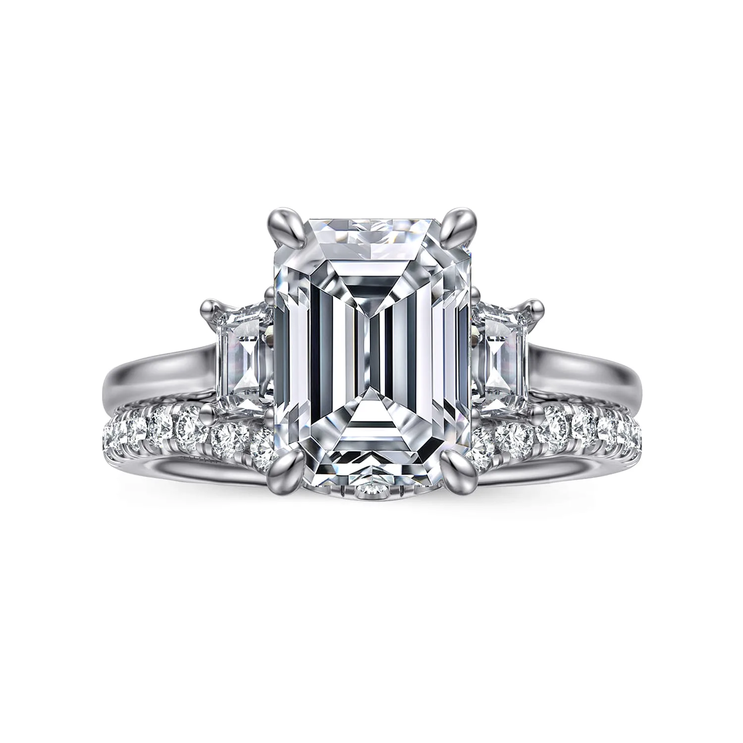 Emerald Three Stone Lotus Diamond Engagement Ring in 14K White Gold, photograph 4