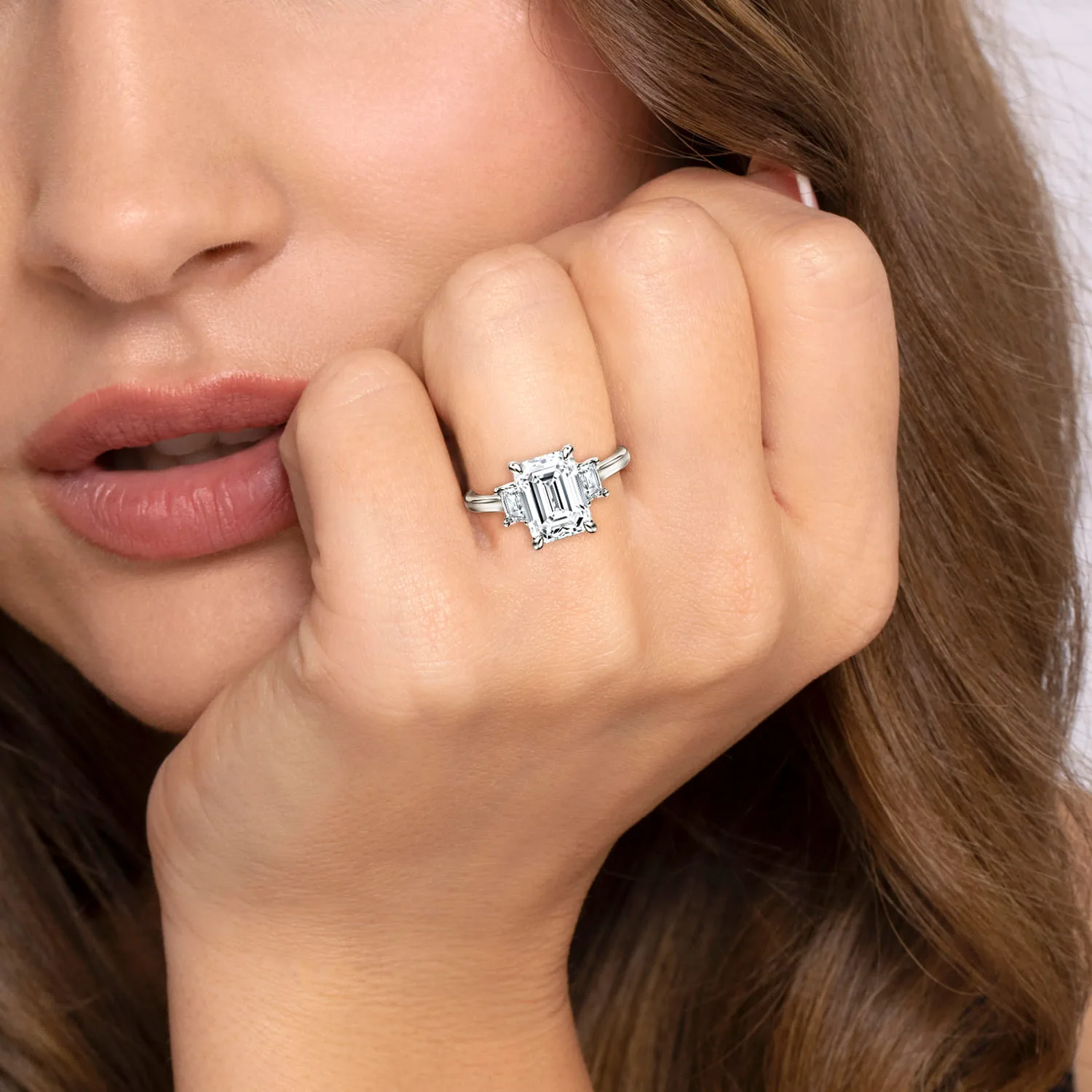 Emerald Three Stone Lotus Diamond Engagement Ring in 14K White Gold, photograph 6