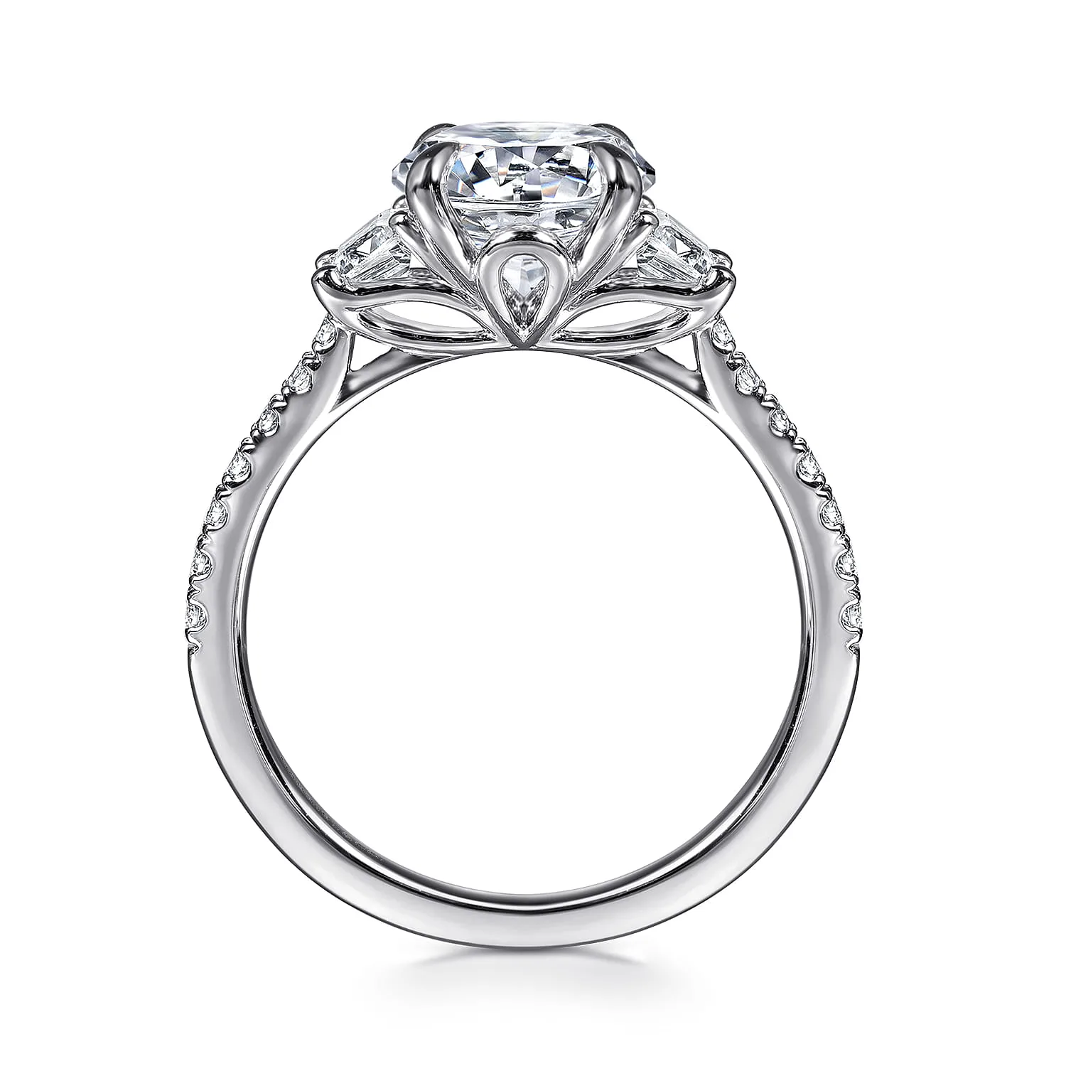 Round Three Stone Lotus Diamond Engagement Ring in 14K White Gold, photograph 2