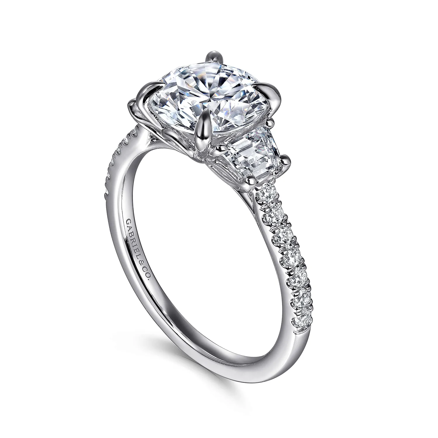 Round Three Stone Lotus Diamond Engagement Ring in 14K White Gold, photograph 3