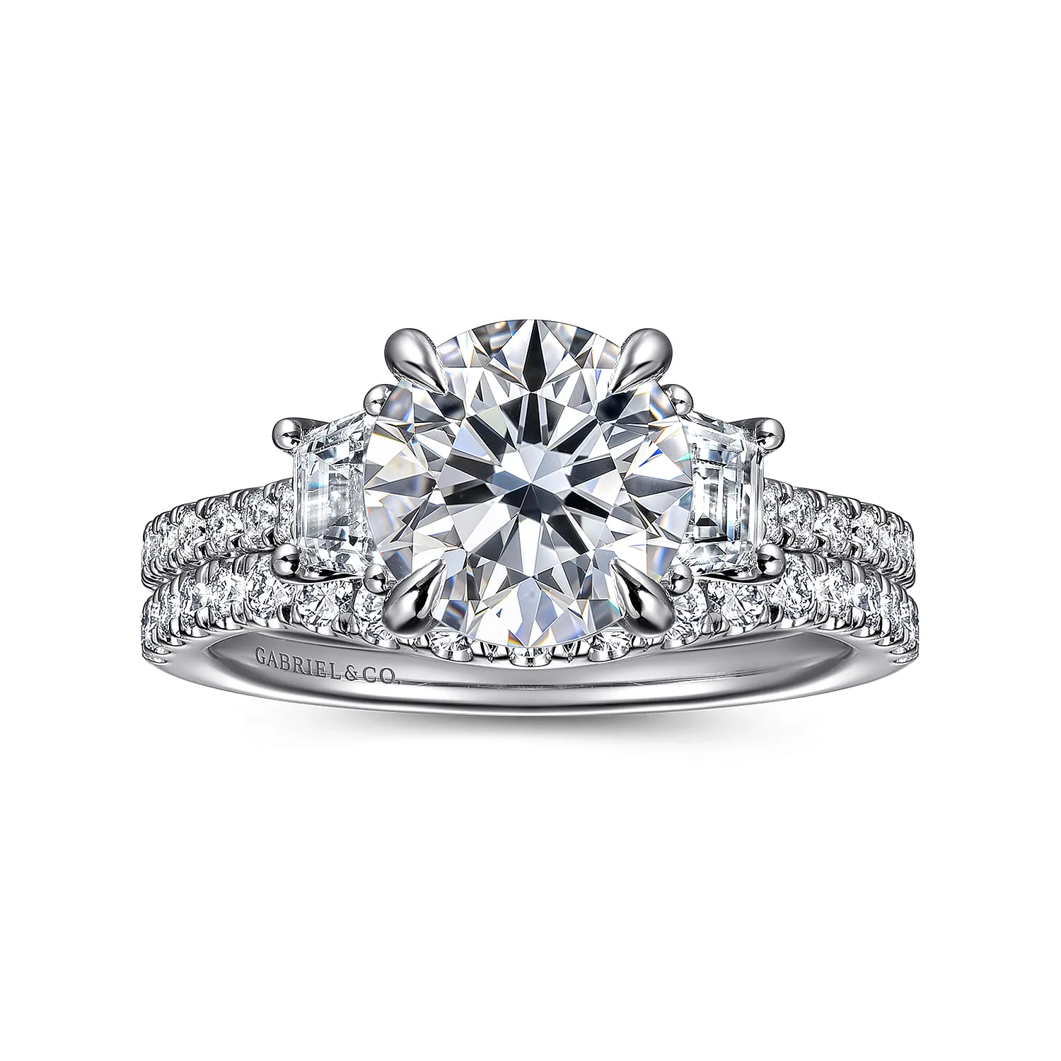Round Three Stone Lotus Diamond Engagement Ring in 14K White Gold, photograph 4