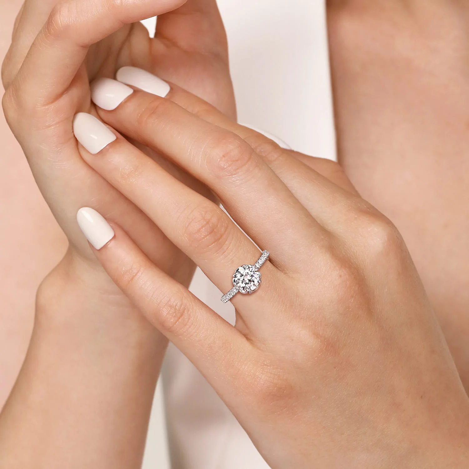 Round Bezel Prong Diamond Engagement Ring in 14K White Gold, photograph 6