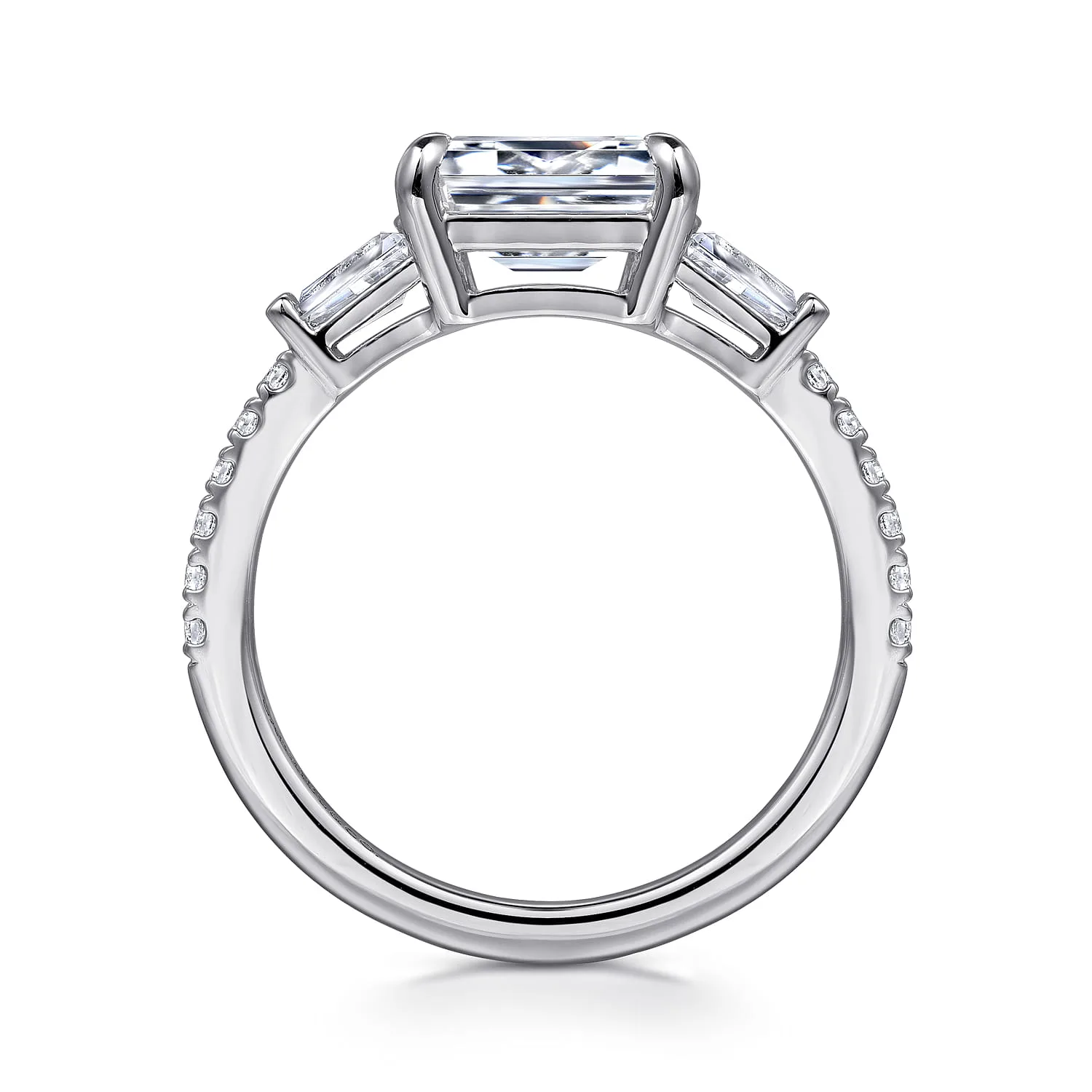 Emerald Three Stone Diamond Engagement Ring in 14K White Gold, photograph 2