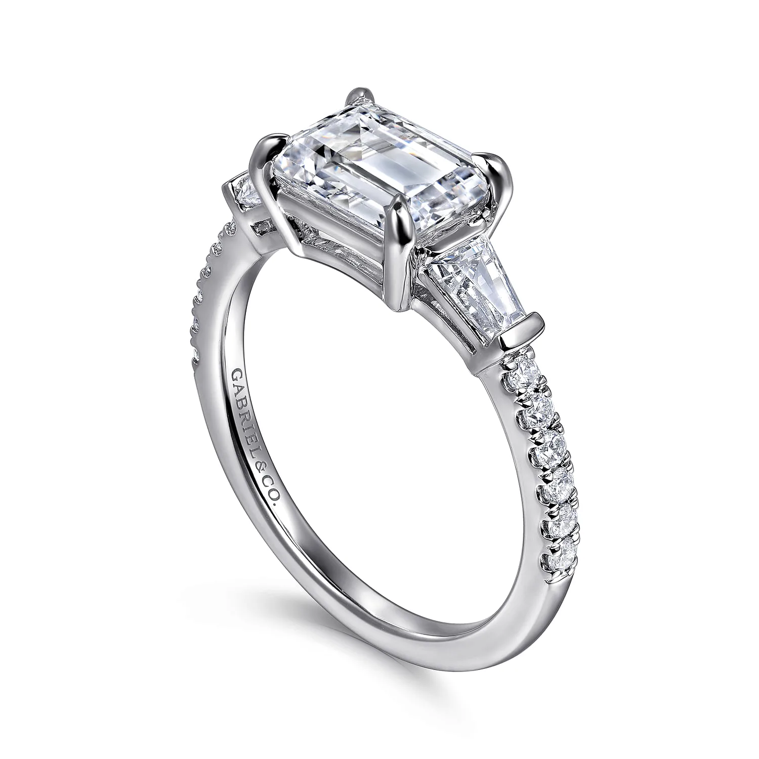 Emerald Three Stone Diamond Engagement Ring in 14K White Gold, photograph 3