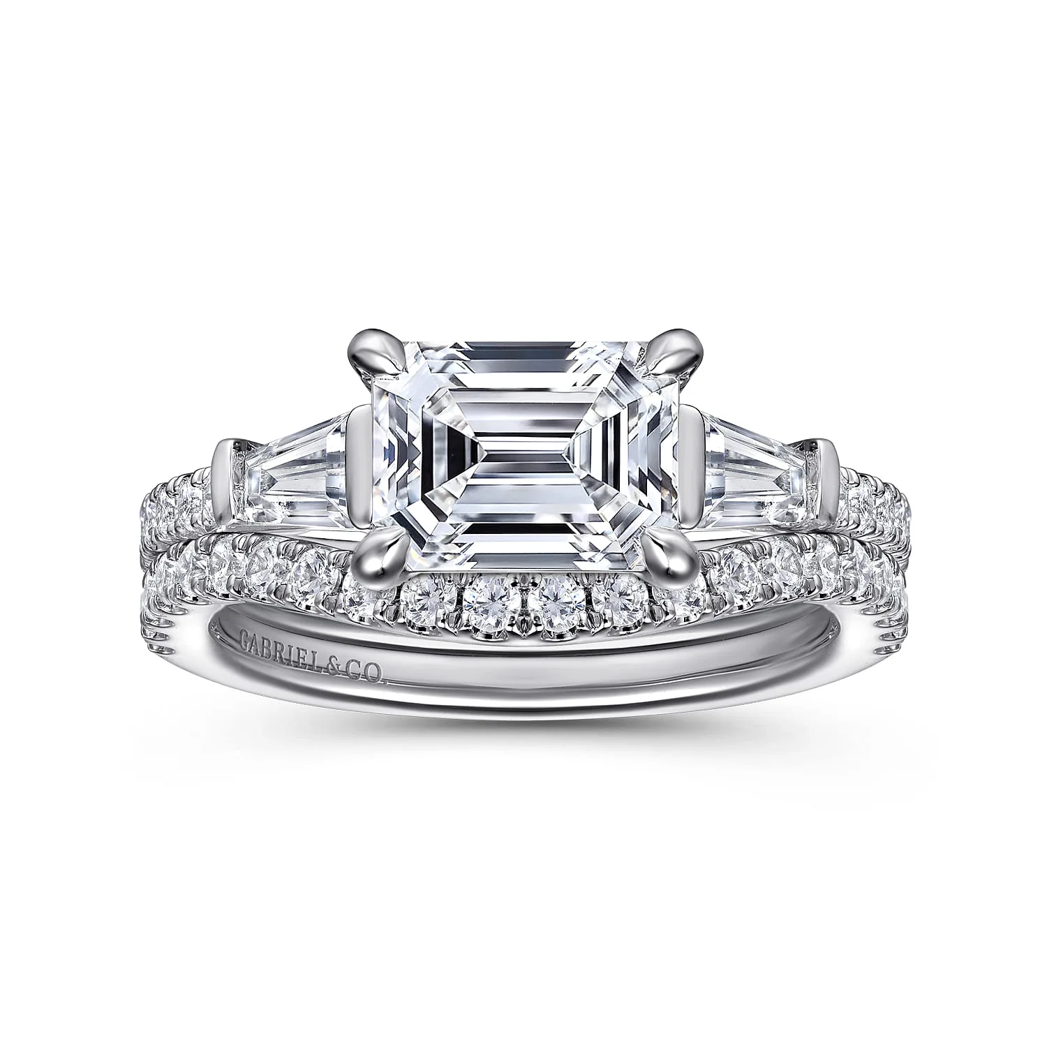 Emerald Three Stone Diamond Engagement Ring in 14K White Gold, photograph 4