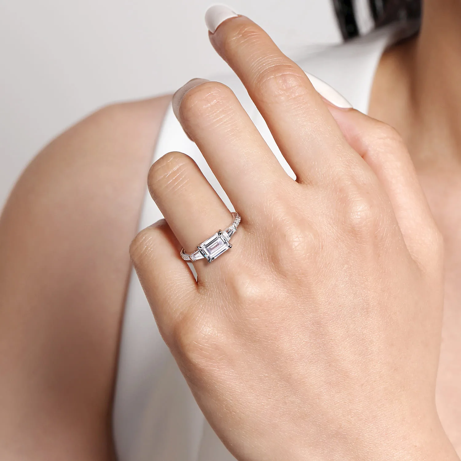 Emerald Three Stone Diamond Engagement Ring in 14K White Gold, photograph 6
