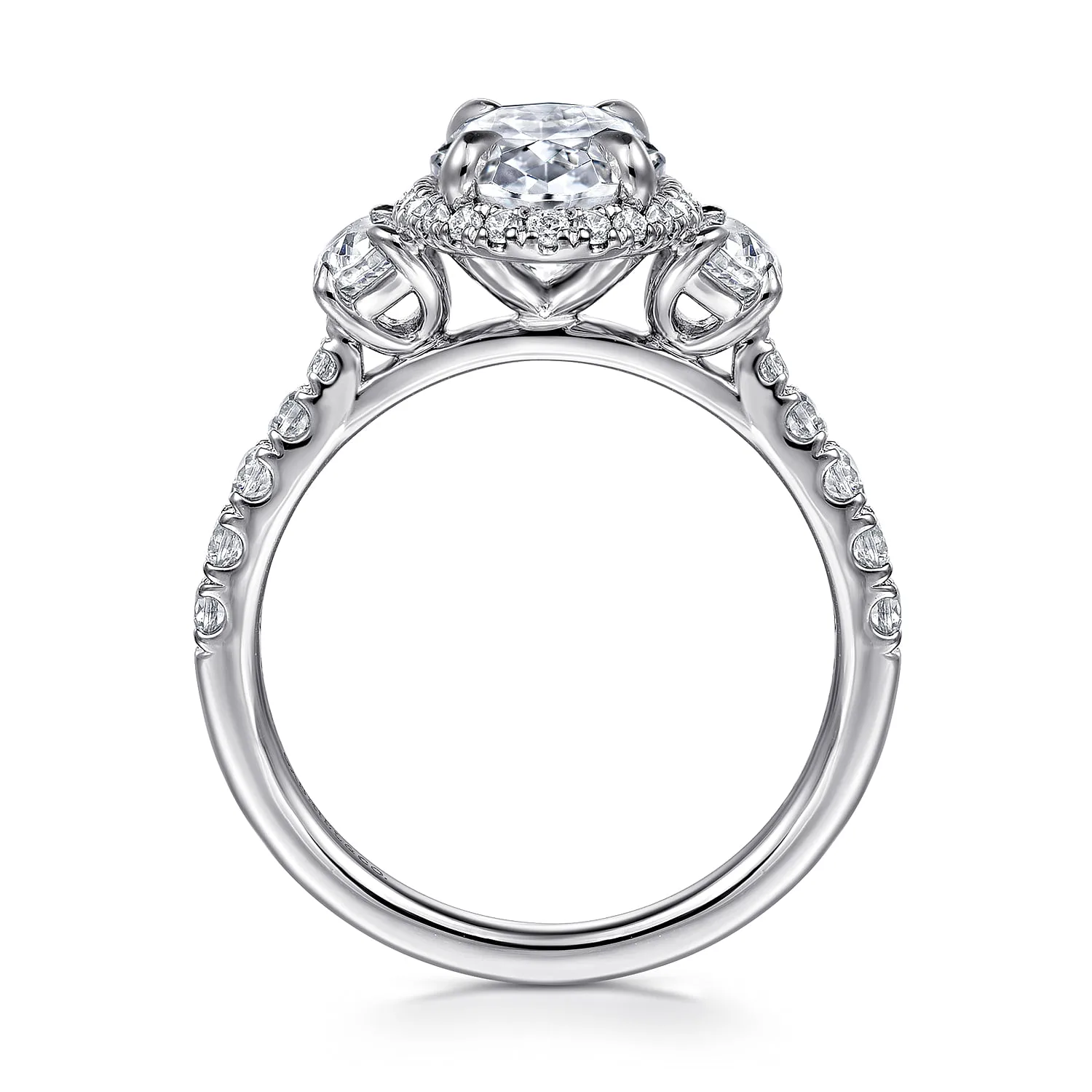 Oval Halo Three Stone Diamond Engagement Ring in 14K White Gold, photograph 2