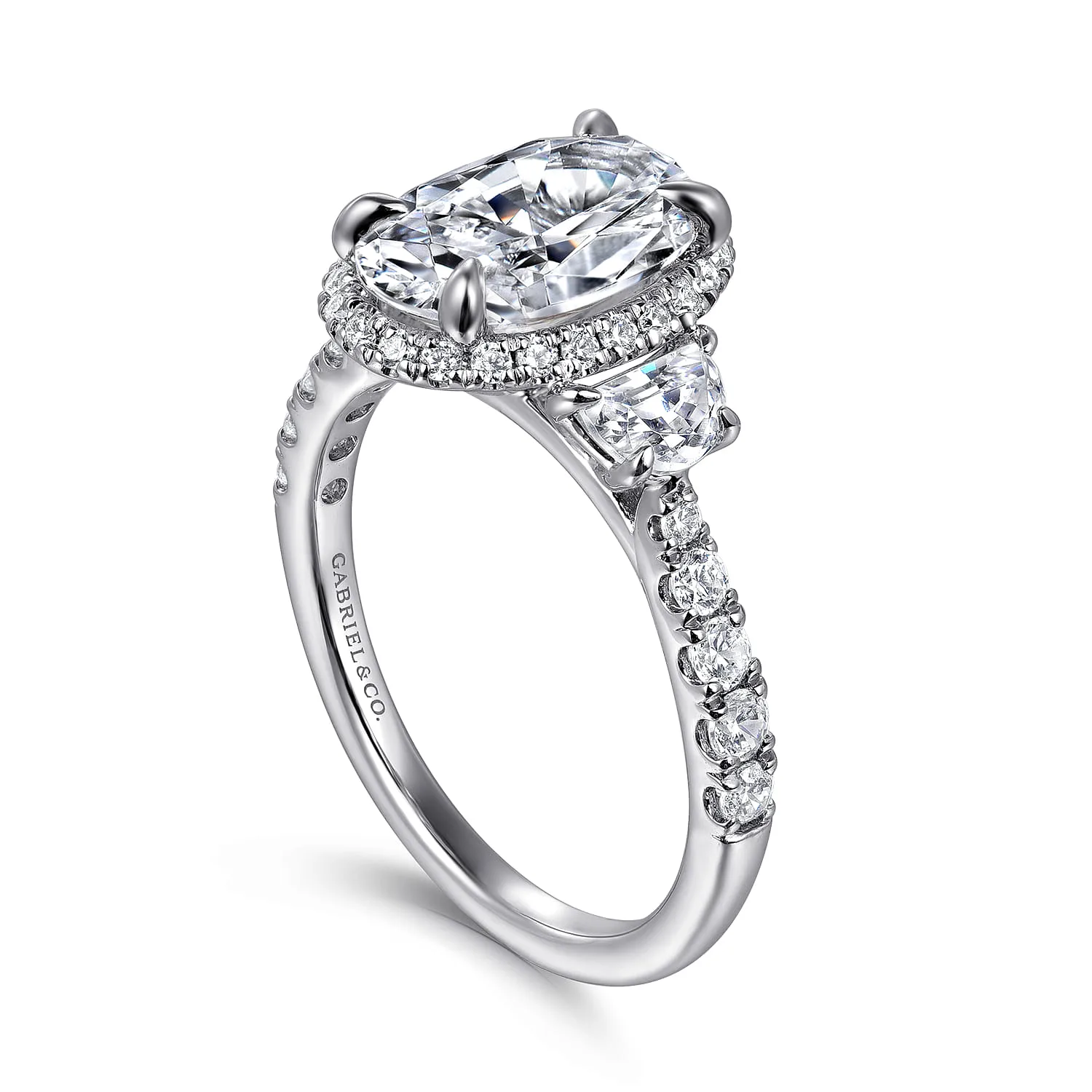 Oval Halo Three Stone Diamond Engagement Ring in 14K White Gold, photograph 3