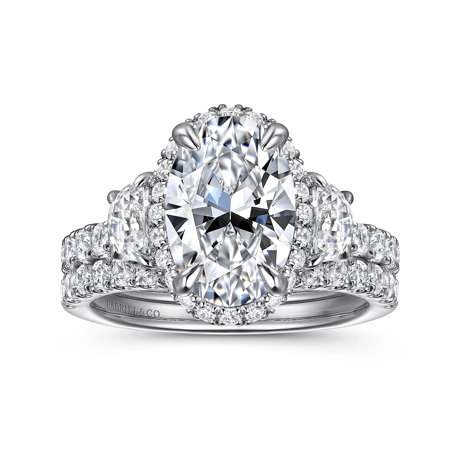 Oval Halo Three Stone Diamond Engagement Ring in 14K White Gold, photograph 4