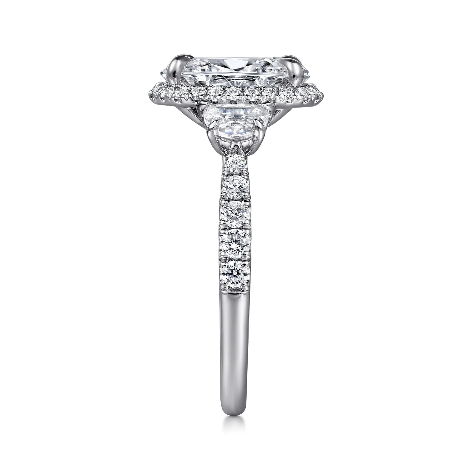 Oval Halo Three Stone Diamond Engagement Ring in 14K White Gold, photograph 5