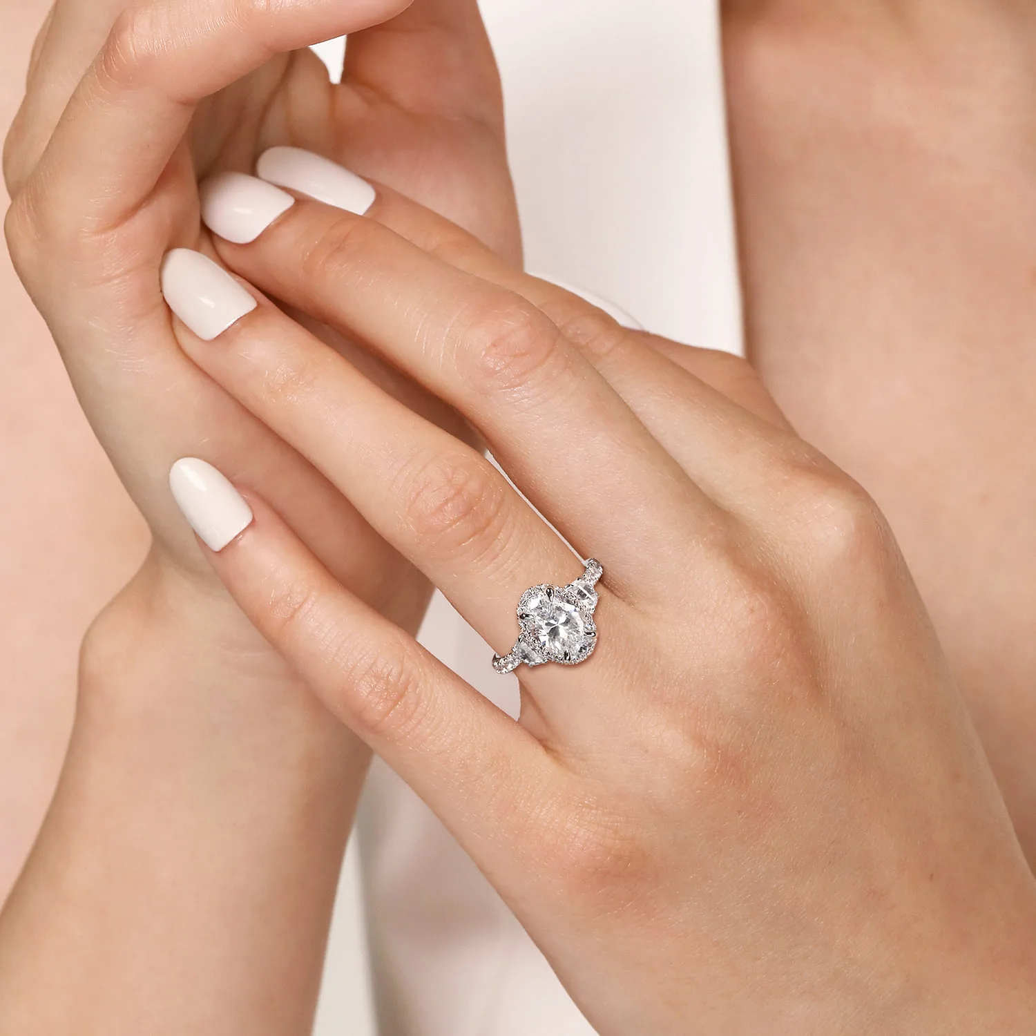 Oval Halo Three Stone Diamond Engagement Ring in 14K White Gold, photograph 6