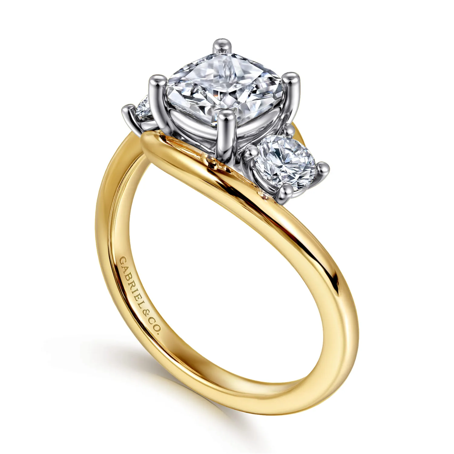 Cushion Three Stone Diamond Engagement Ring in 14K White/Yellow Gold, photograph 3