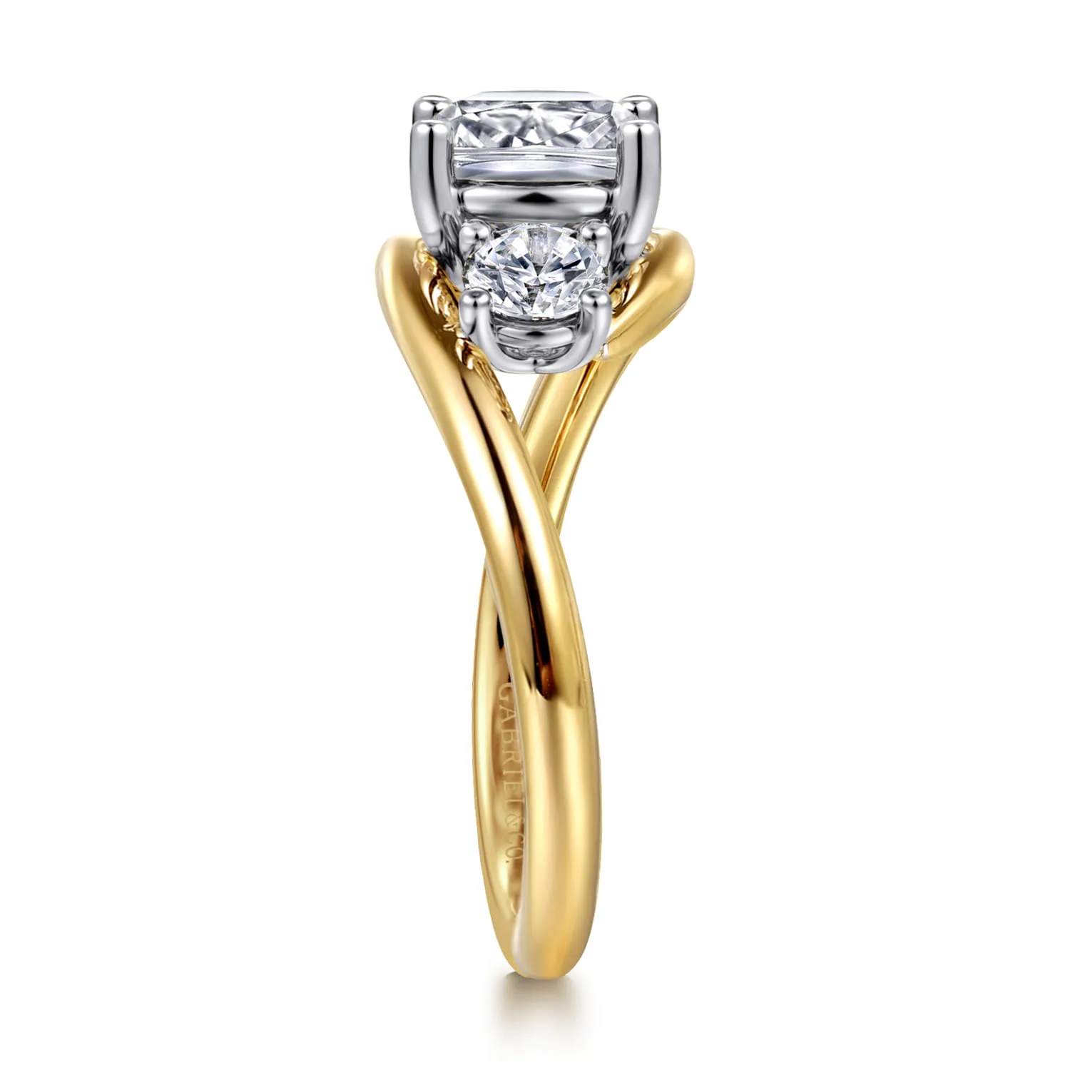 Cushion Three Stone Diamond Engagement Ring in 14K White/Yellow Gold, photograph 4
