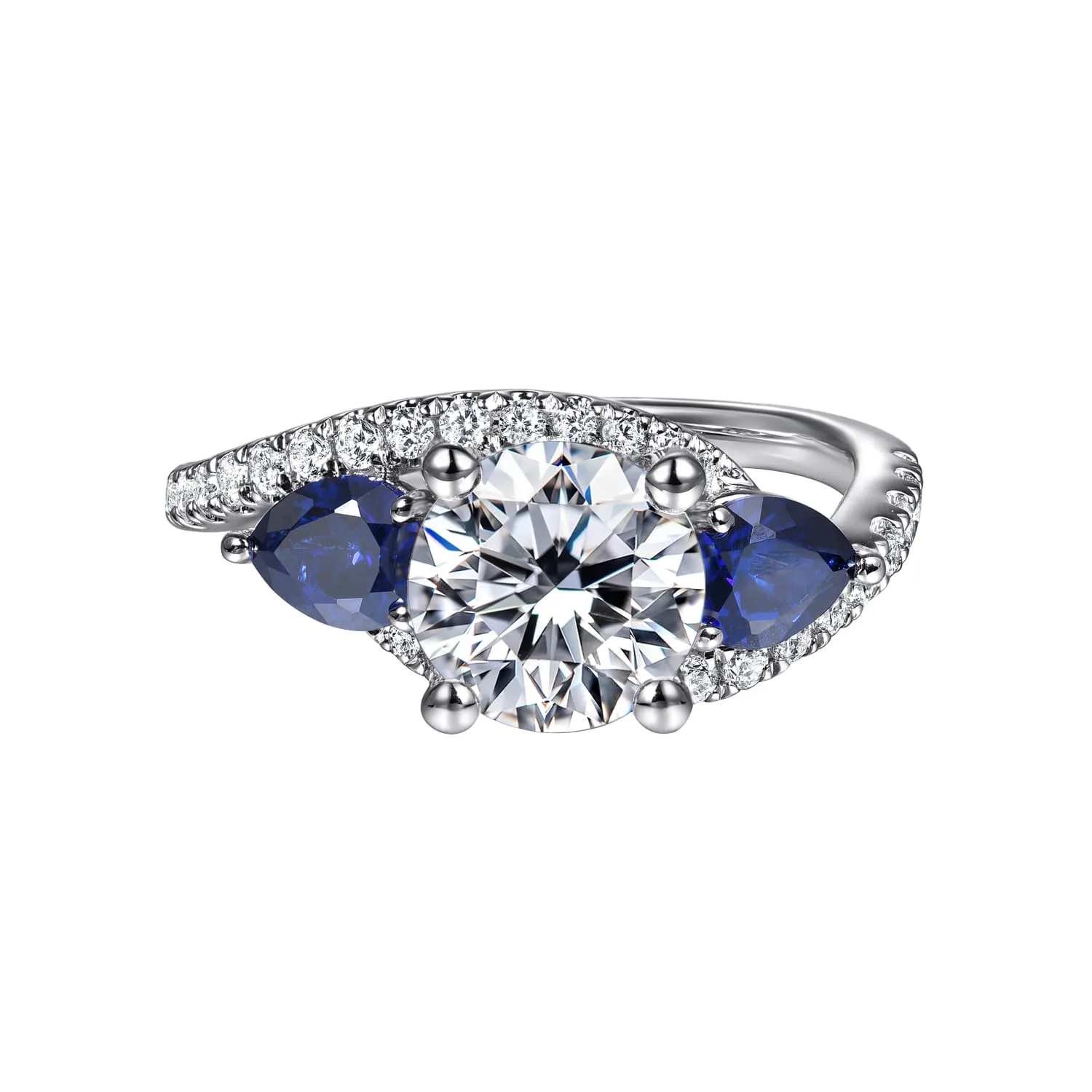 Round Bypass Three Stone Sapphire and Diamond Engagement Ring