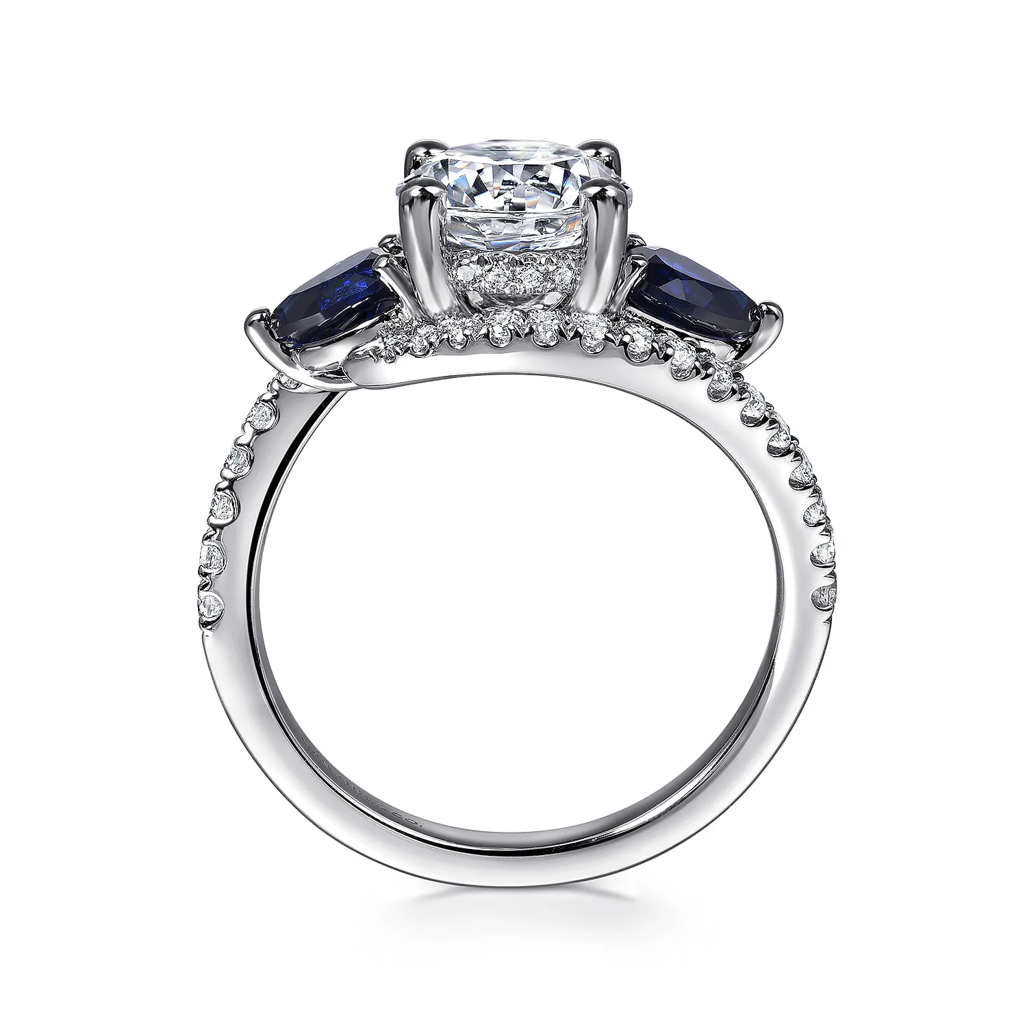 Round Bypass Three Stone Sapphire and Diamond Engagement Ring in 14K White Gold, photograph 2
