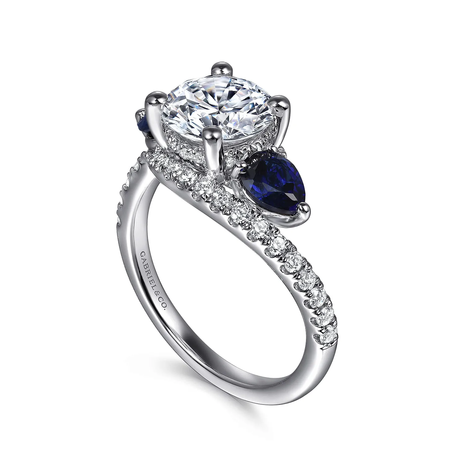 Round Bypass Three Stone Sapphire and Diamond Engagement Ring in 14K White Gold, photograph 3