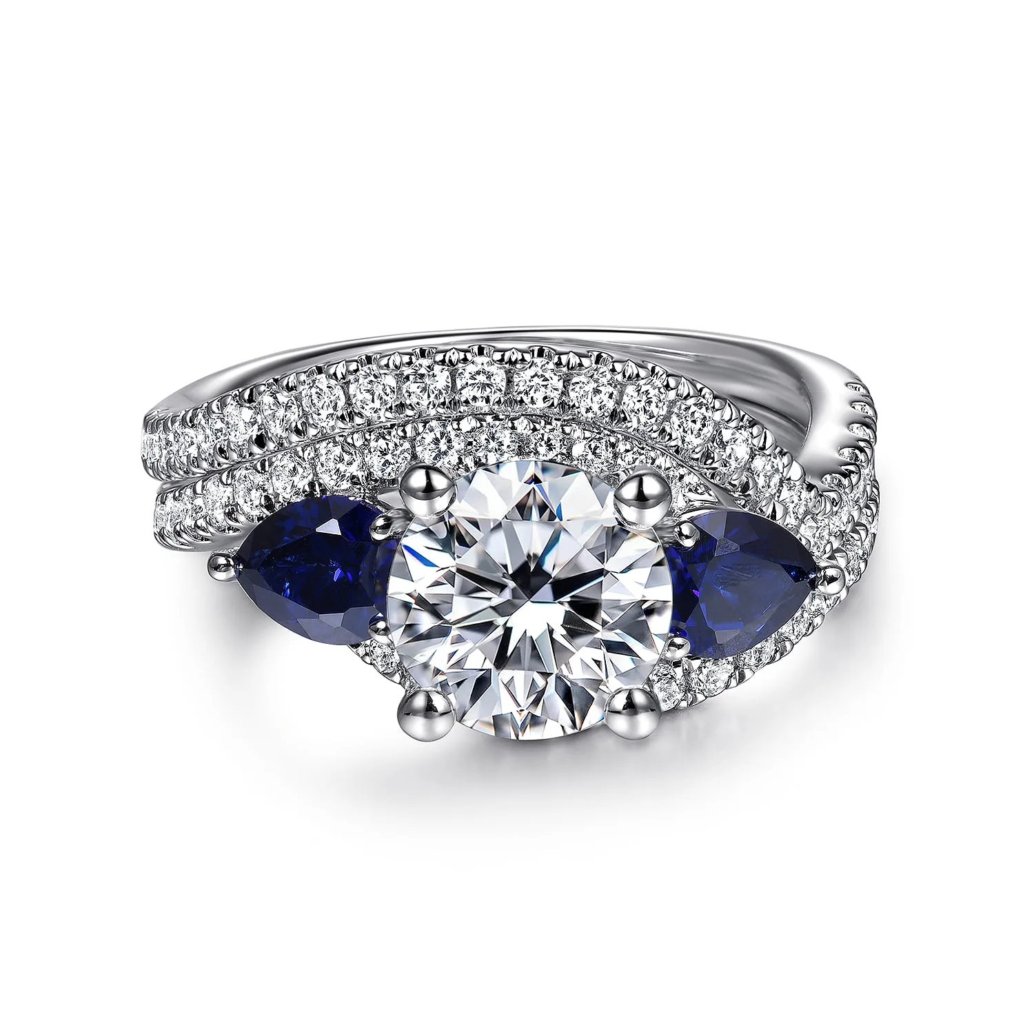 Round Bypass Three Stone Sapphire and Diamond Engagement Ring in 14K White Gold, photograph 4