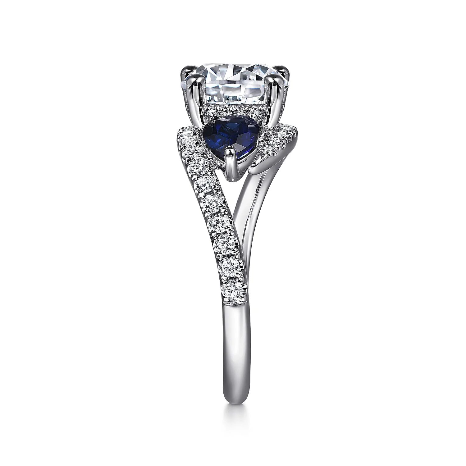 Round Bypass Three Stone Sapphire and Diamond Engagement Ring in 14K White Gold, photograph 5