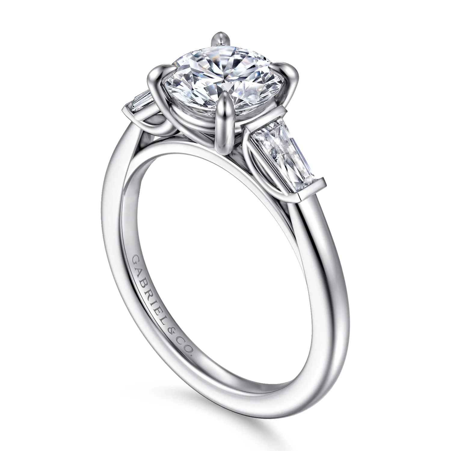 Round Three Stone Diamond Engagement Ring in 14K White Gold, photograph 3