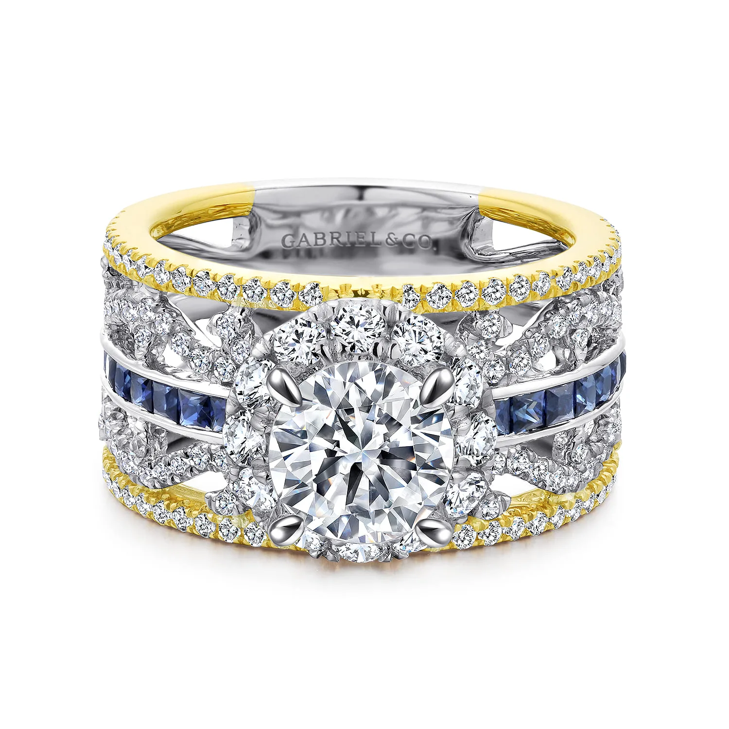 Round Halo Sapphire and Diamond Channel Set Engagement Ring