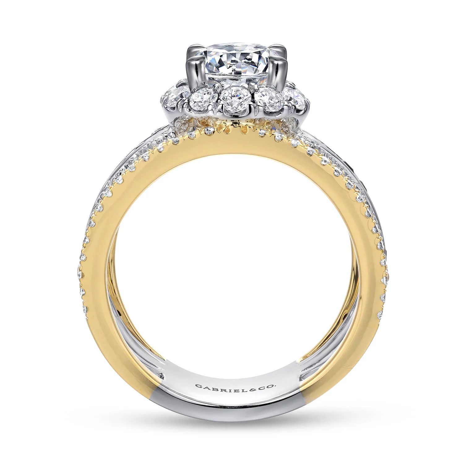 Round Halo Sapphire and Diamond Channel Set Engagement Ring in 14K White/Yellow Gold, photograph 2