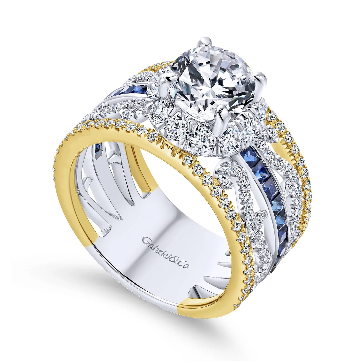 Round Halo Sapphire and Diamond Channel Set Engagement Ring in 14K White/Yellow Gold, photograph 3