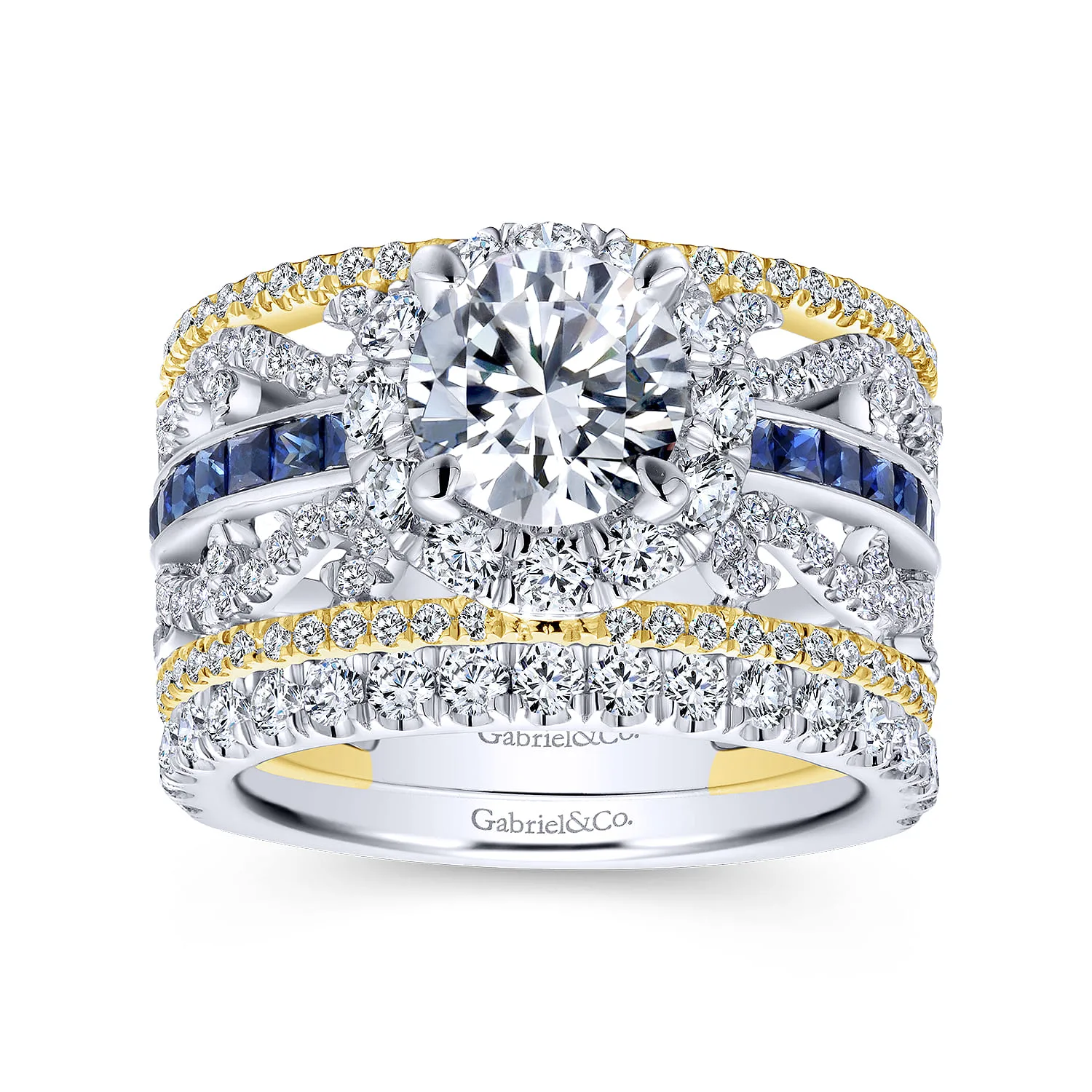 Round Halo Sapphire and Diamond Channel Set Engagement Ring in 14K White/Yellow Gold, photograph 4