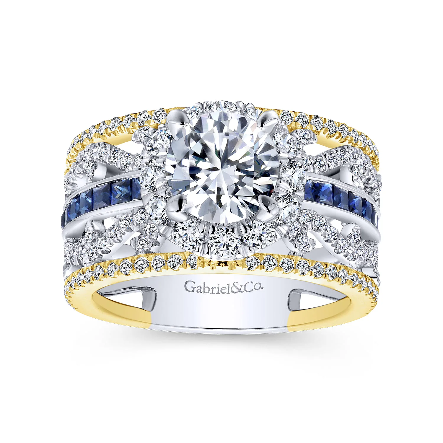 Round Halo Sapphire and Diamond Channel Set Engagement Ring in 14K White/Yellow Gold, photograph 5