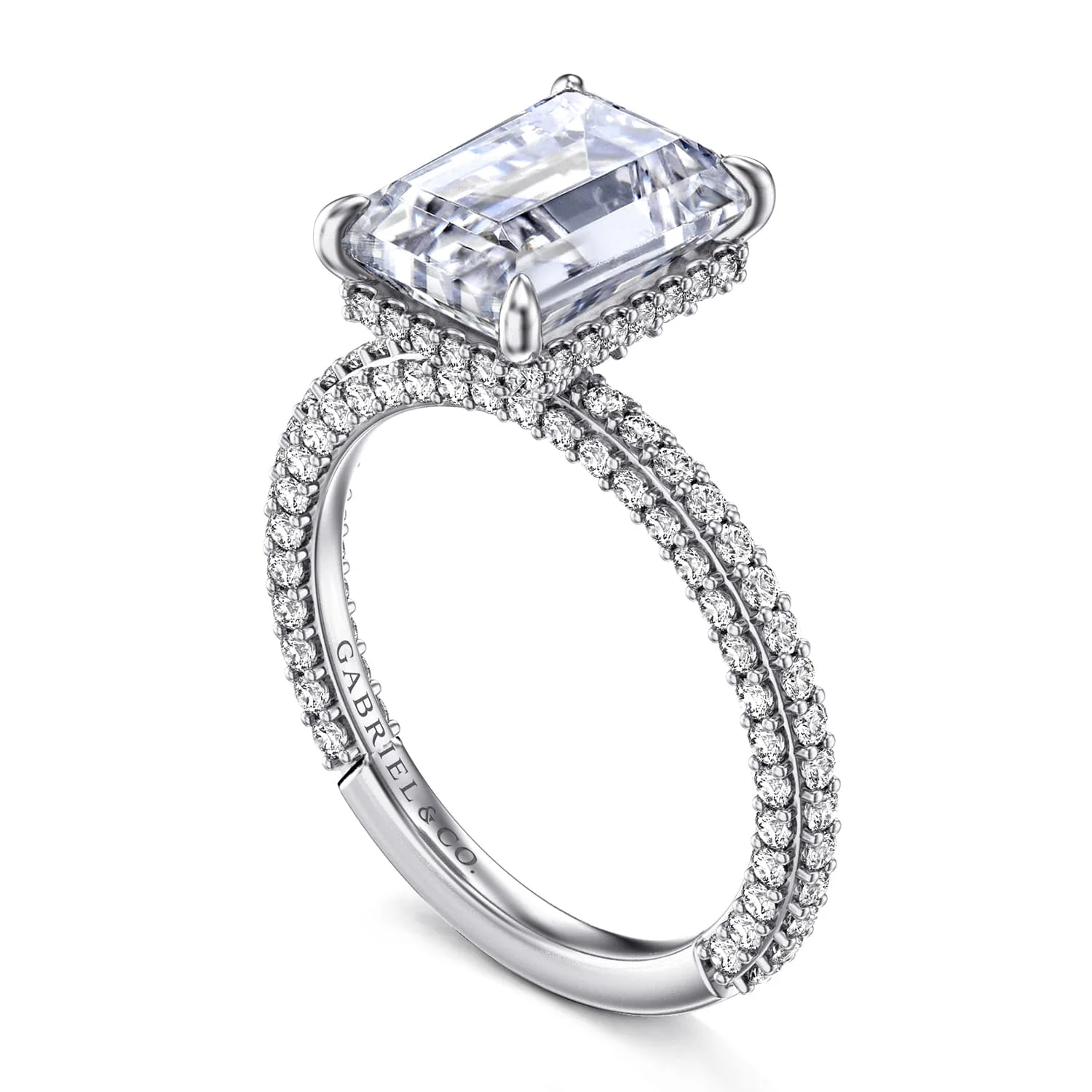 Emerald Diamond Halo Engagement Ring in 14K White Gold, photograph 3