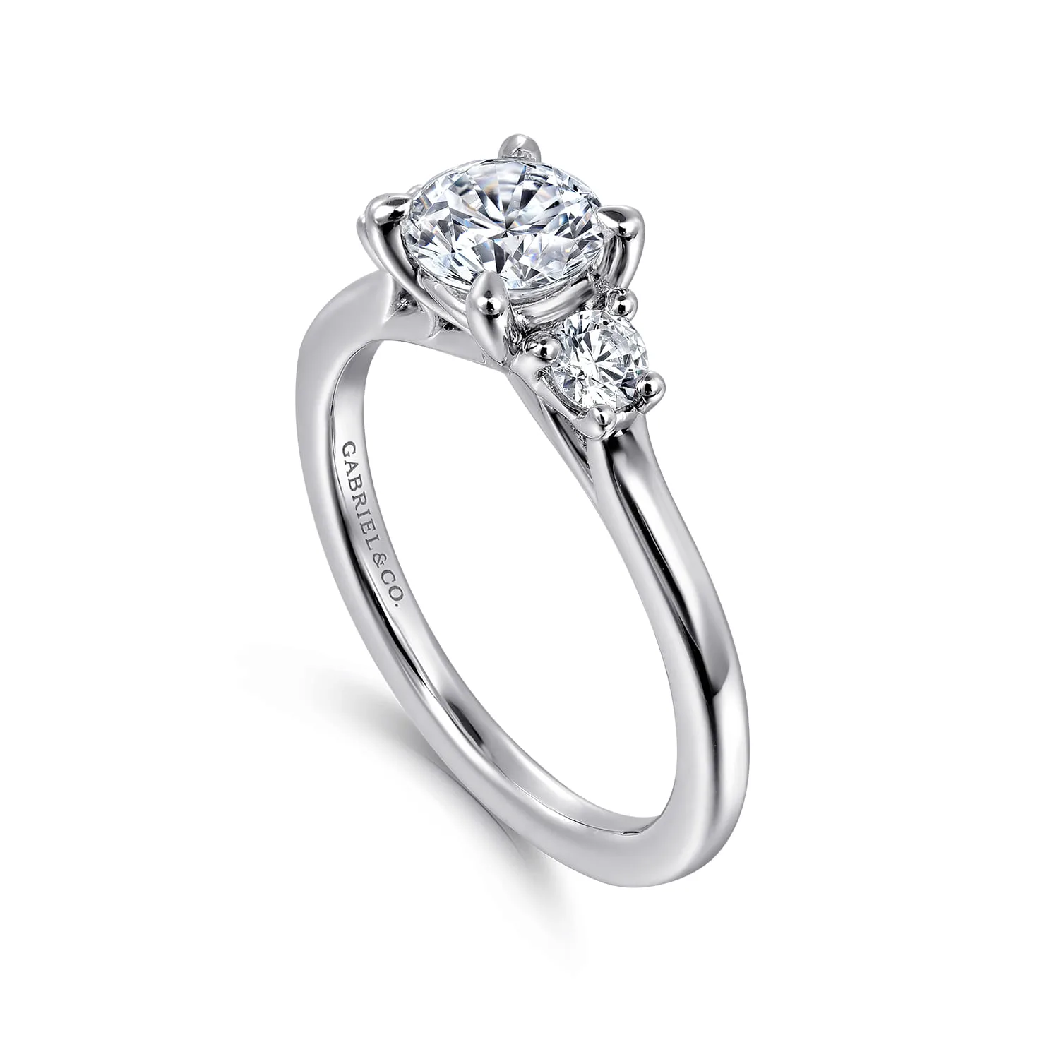 Round Three Stone Diamond Engagement Ring in 14K White Gold, photograph 3