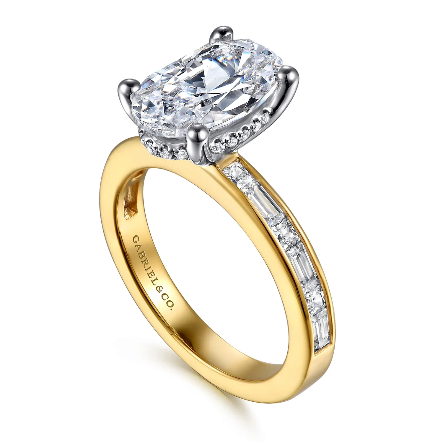 Oval Channel Set Baguette Diamond Engagement Ring in 14K White/Yellow Gold, photograph 3