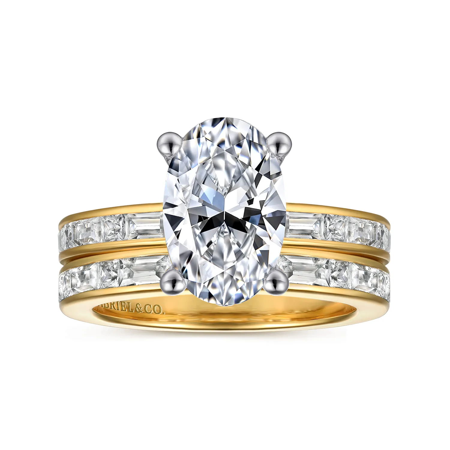 Oval Channel Set Baguette Diamond Engagement Ring in 14K White/Yellow Gold, photograph 4