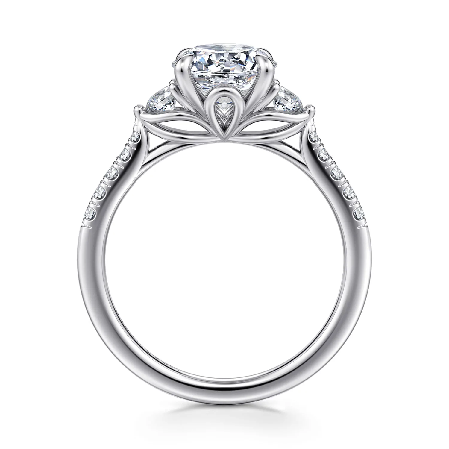 Round Three Stone Lotus Diamond Engagement Ring in 14K White Gold, photograph 2
